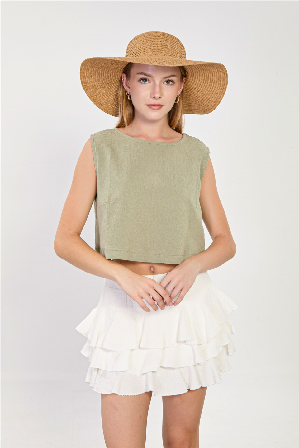 Kadın Dokulu Sıfır Kol Crop Bluz - Olive