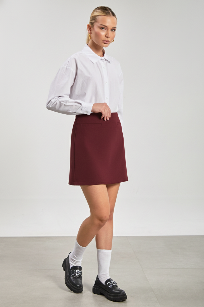 Kadın Fleto Cep Mini Etek - Bordo