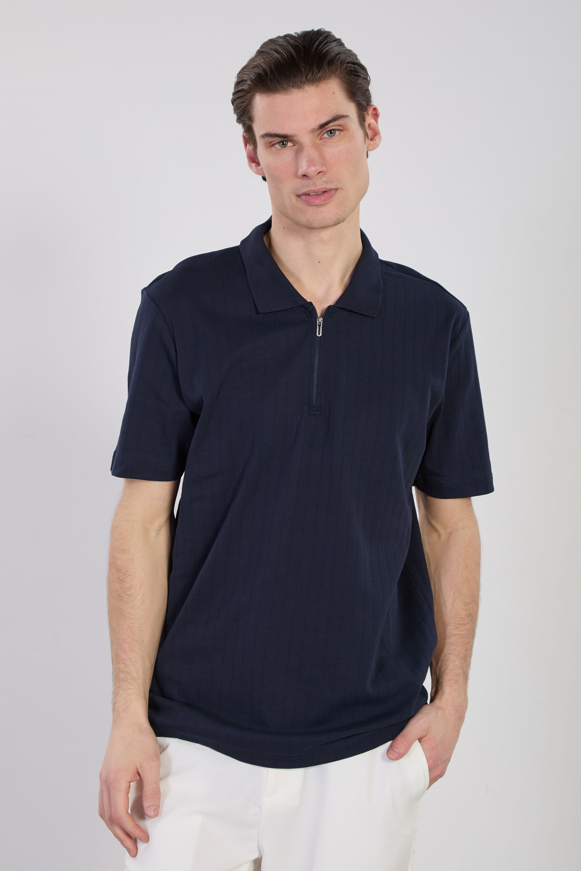 Erkek Kalın Çizgili Polo Yaka T-Shirt - İndigo