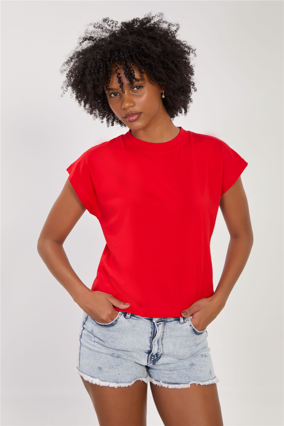 Kadın Düşük Kol Basic T-Shirt - Kırmızı