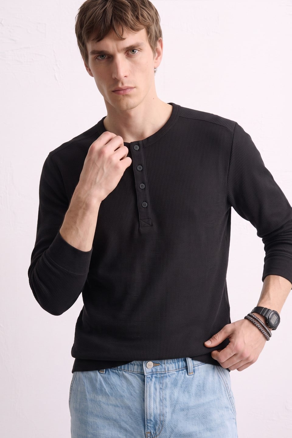 Erkek Yaka Düğmeli Uzun Kollu T-Shirt - Siyah