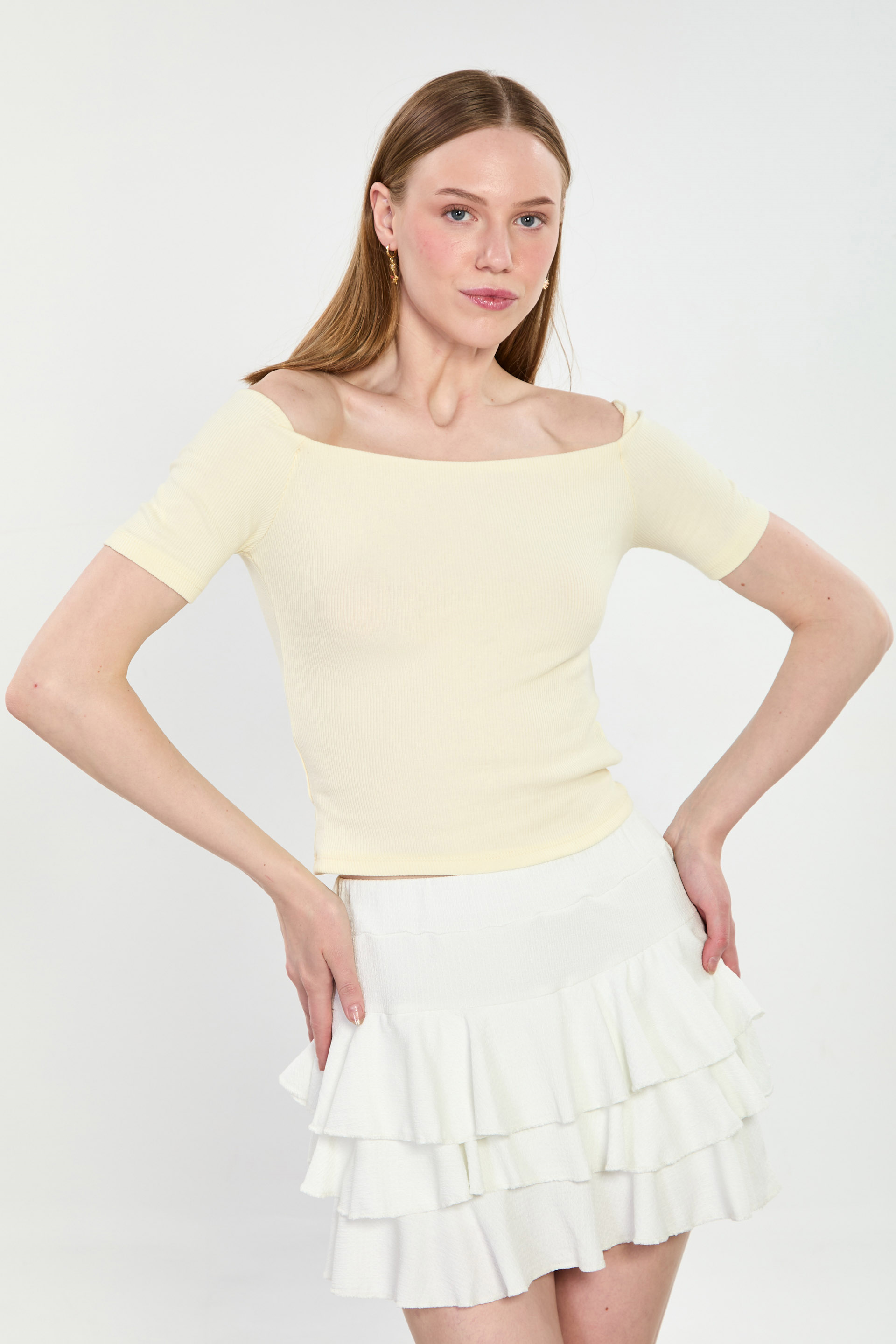 Kadın Kayık Yaka Kısa Kol Body - Sarı