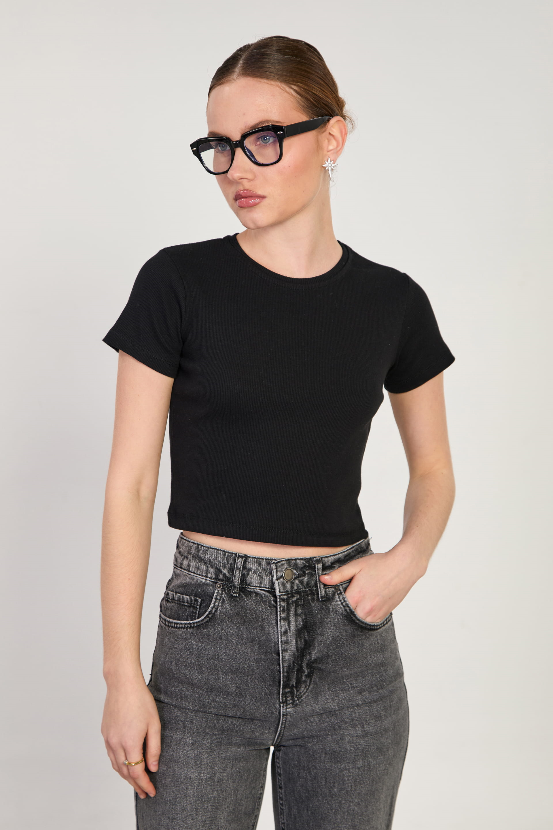 Kadın Bisiklet Yaka Fitilli Body - Siyah