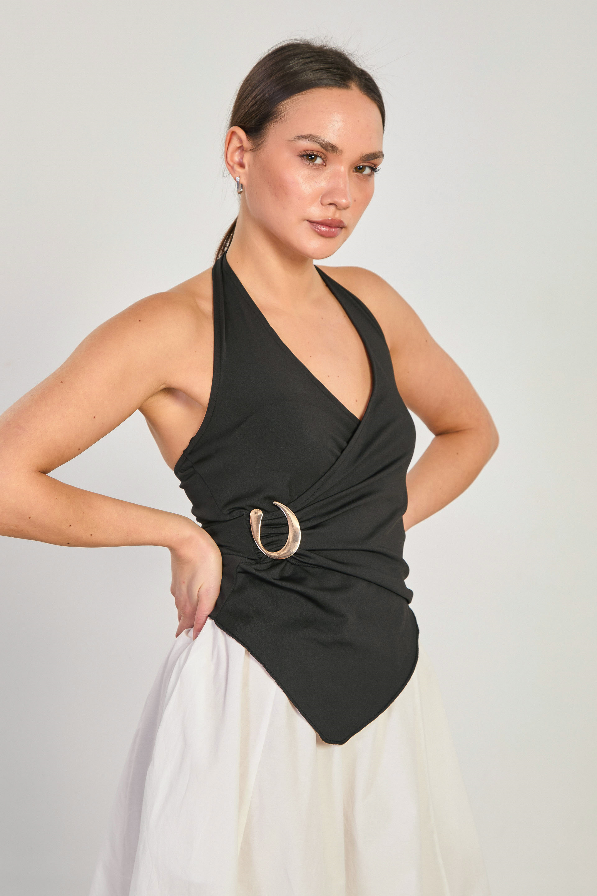 Kadın Boyundan Geçmeli Kruvaze Yaka Bluz - Siyah