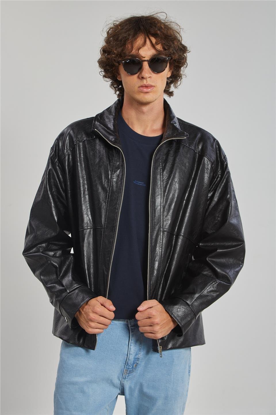 Deri Görünümlü Çift Cep Erkek Ceket - Siyah