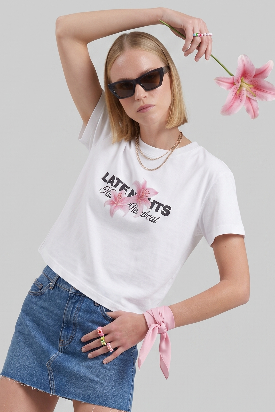 Kadın Lotus Çiçeği Baskılı T-Shirt - Ekru
