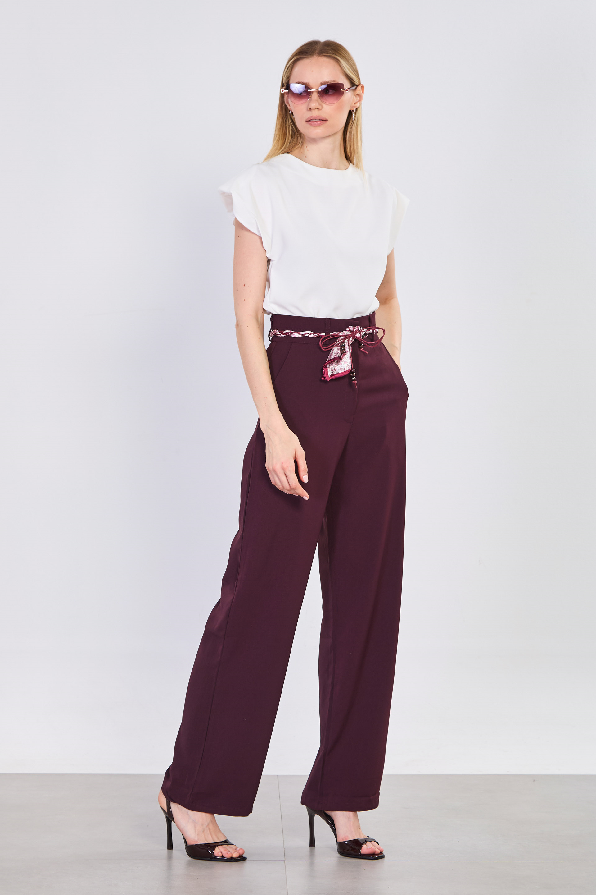 Kadın Fularlı Dökümlü Bol Pantolon - Mürdüm