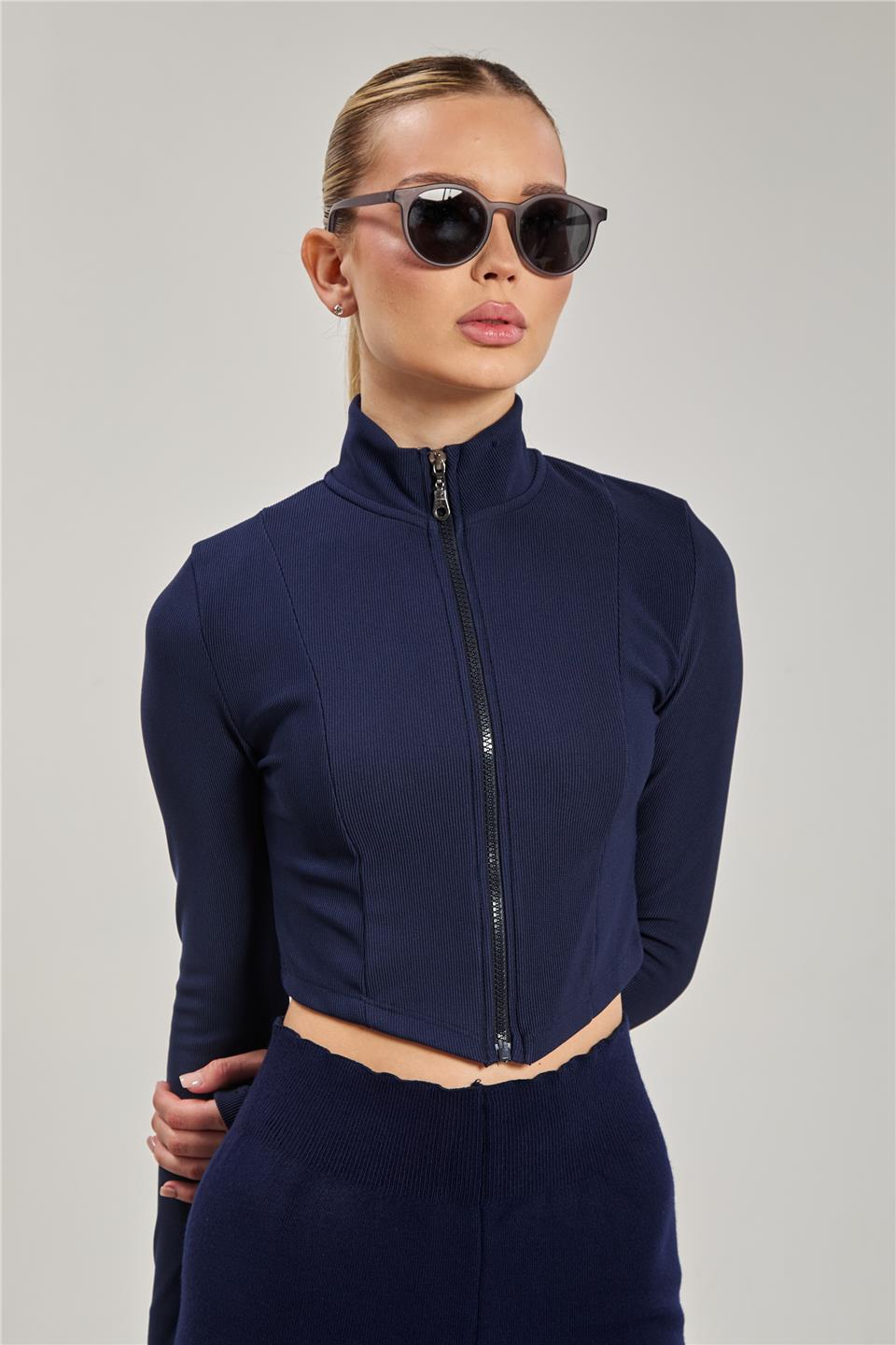 Dik yaka fermuarlı body-1776 Lacivert