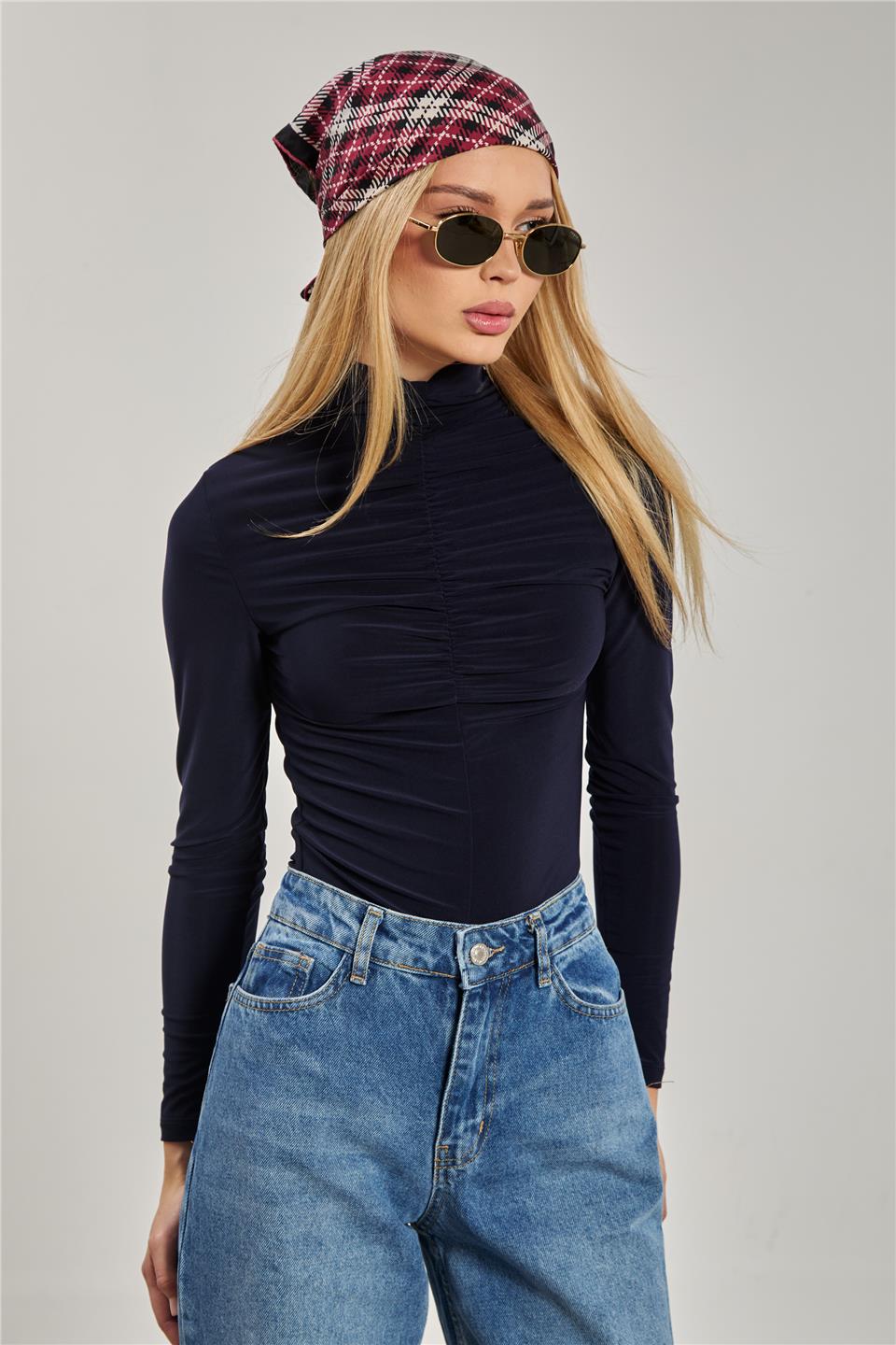 Dik yaka önü büzgülü bluz-13747 Lacivert