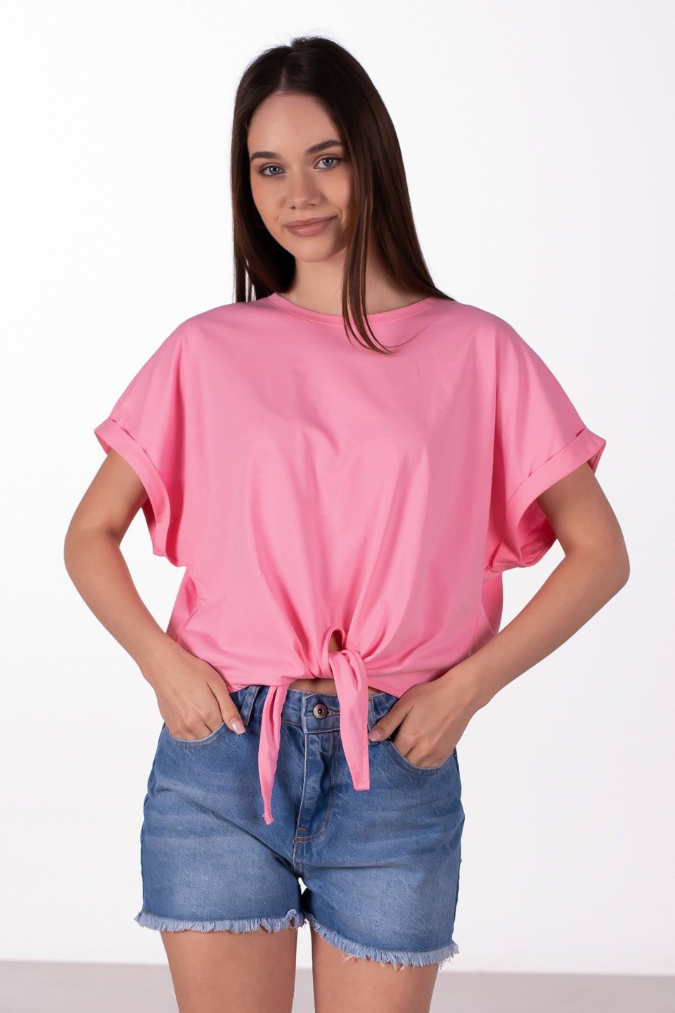 Double kol önü bağlamalı t-shirt-10303 Açık Pembe