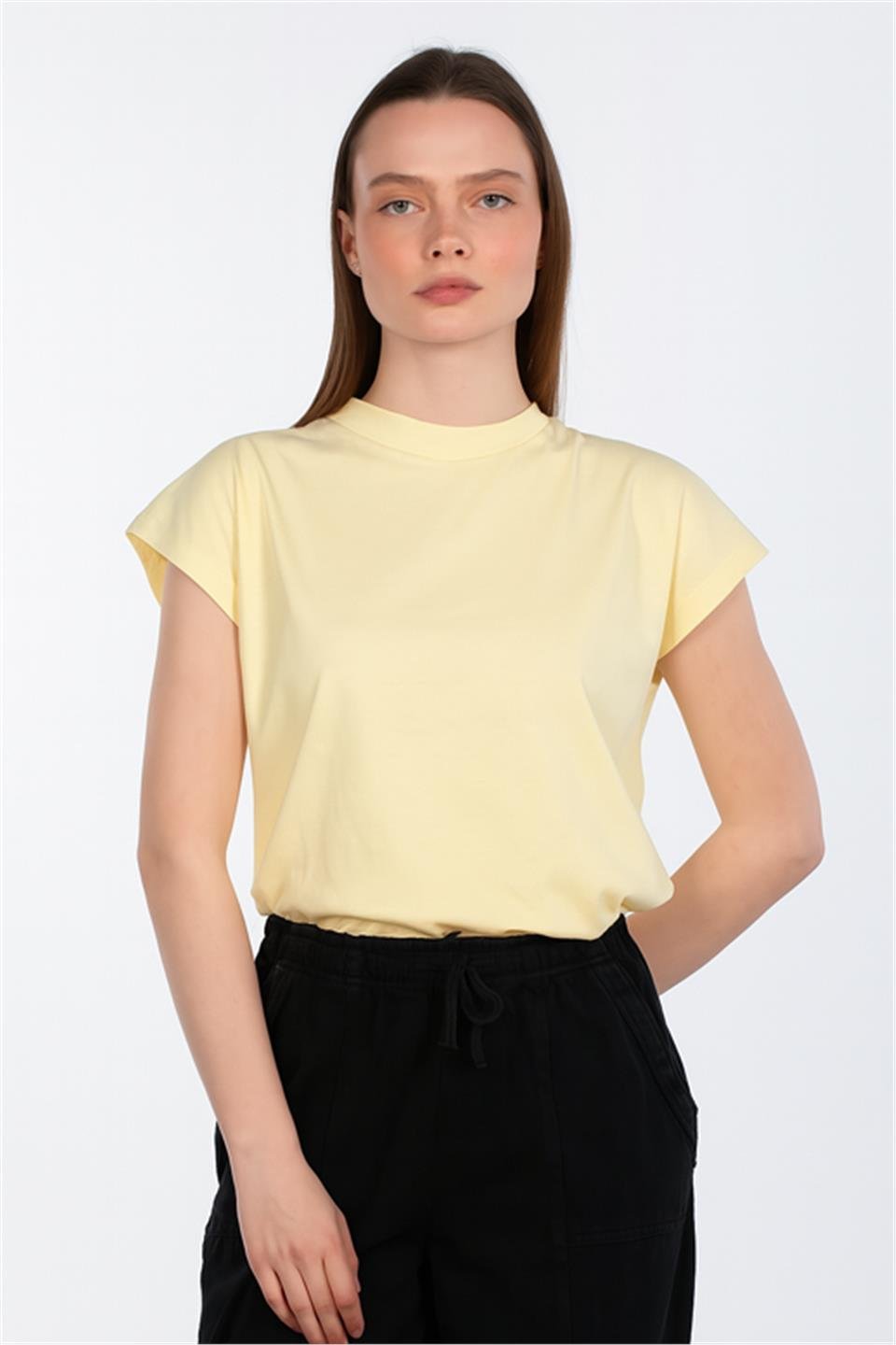 Düşük Kol Basic T-Shirt - Sarı