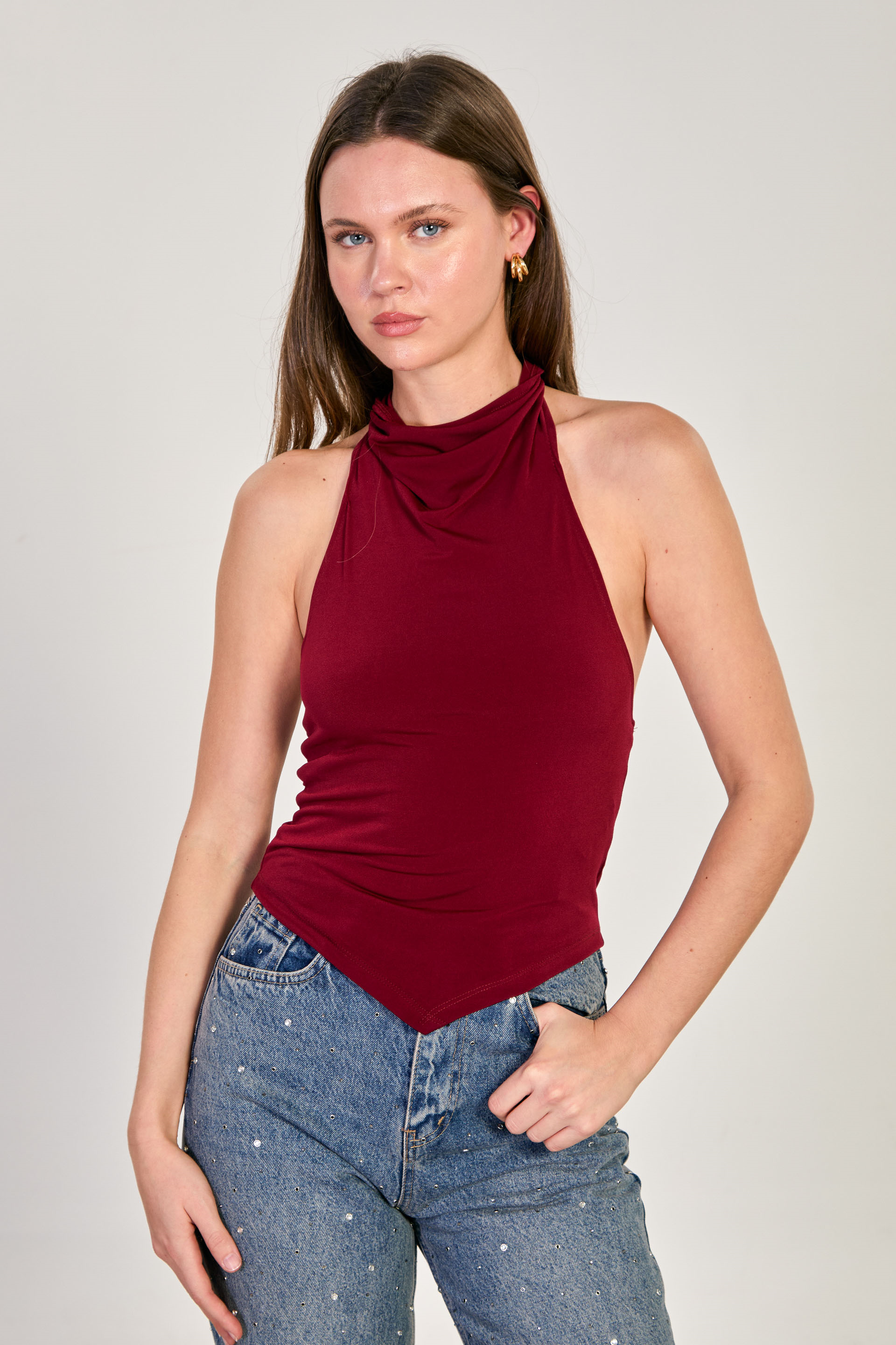 Kadın Asimetrik Kesimli Boyundan Bağlamalı Body - Mürdüm 