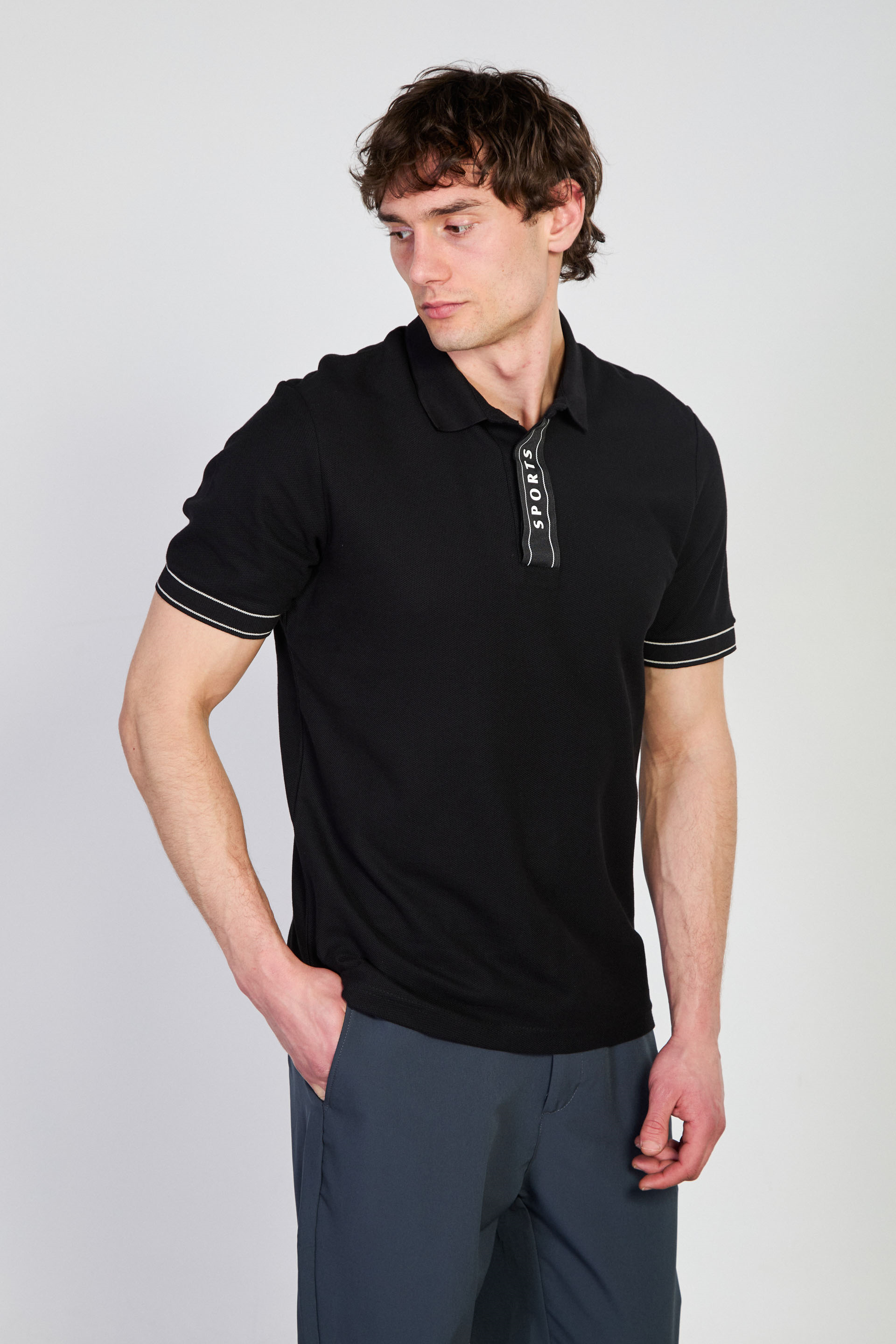 Erkek Pat Baskılı Polo Yaka T-Shirt - Siyah