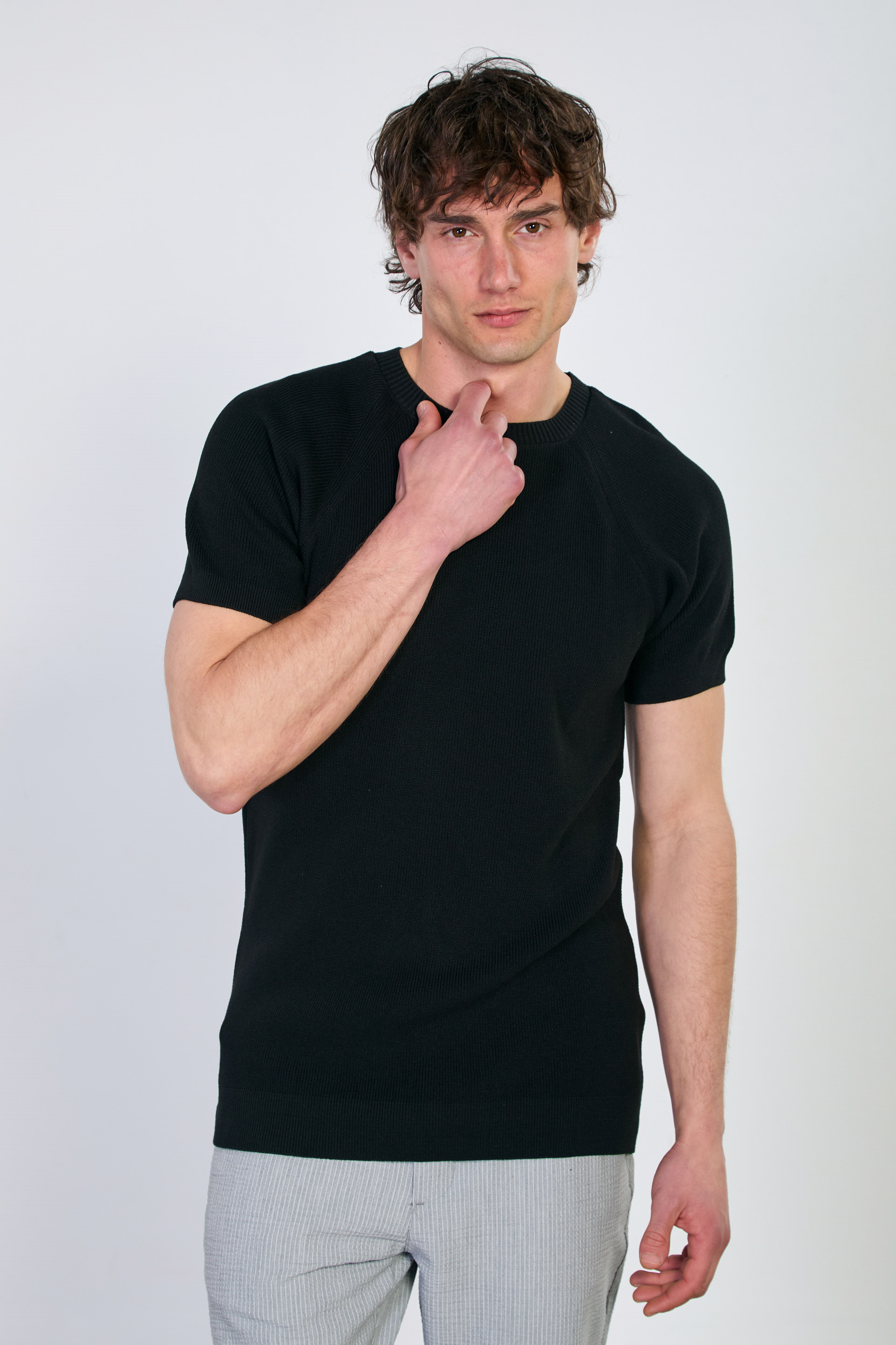 Erkek Yaka Ribanalı Triko T-Shirt - Siyah