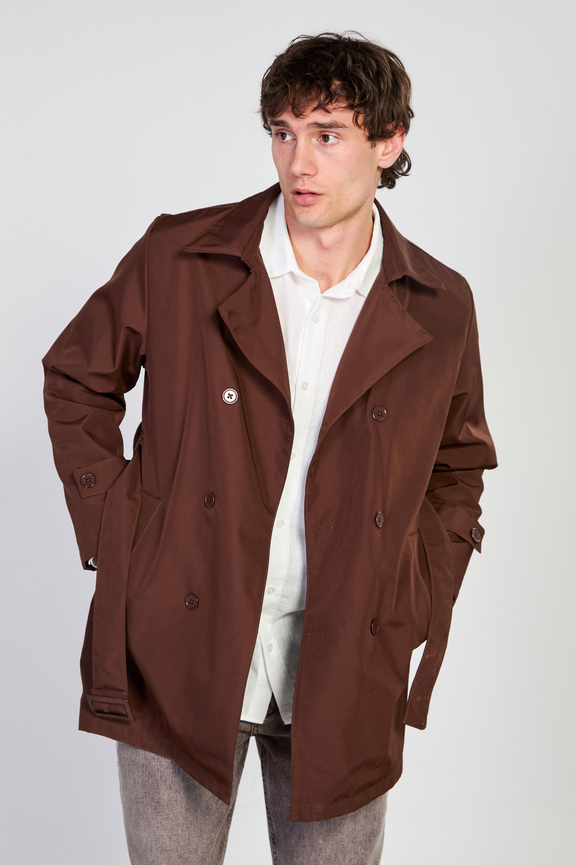 Erkek Beli Kuşaklı Düğmeli Trenç - Kahve