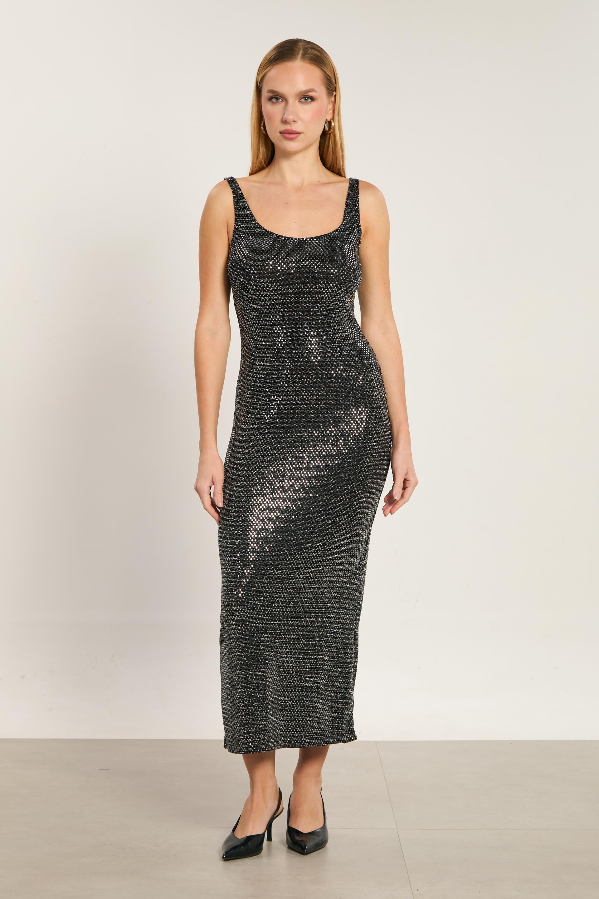 Kadın Kalın Askılı Uzun Parıltılı Elbise - Siyah