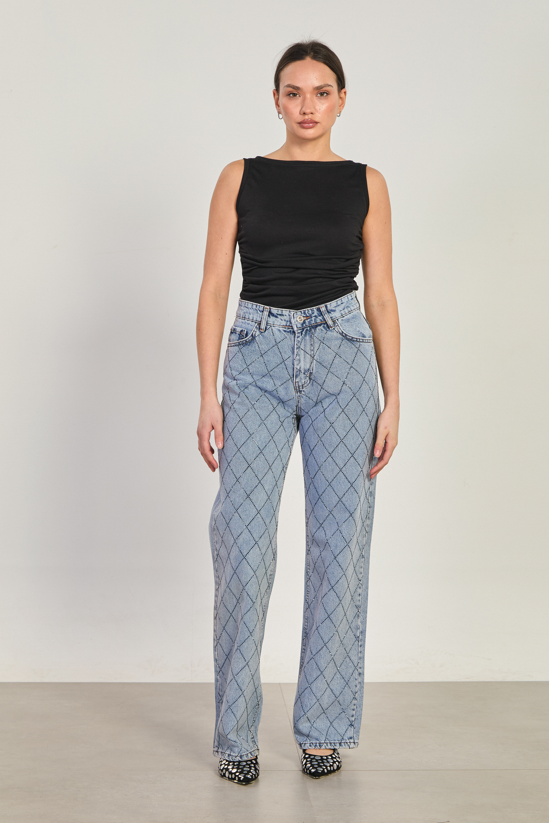 Kadın J63 Baklava Taş Baskılı Palazzo Jean Pantolon - Açık Mavi