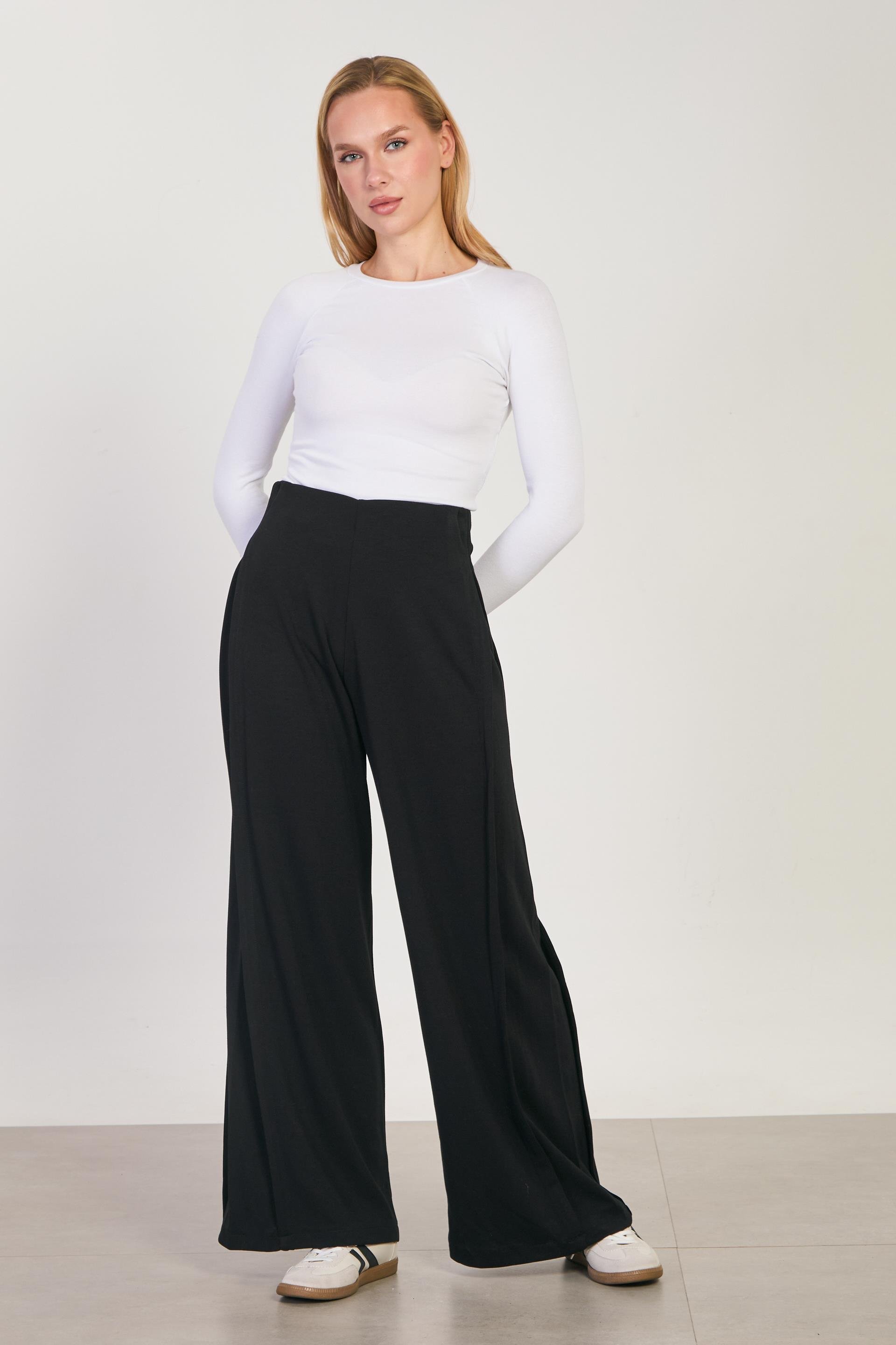 Kadın Yanları Pileli Yüksek Bel Bol Pantolon - Siyah