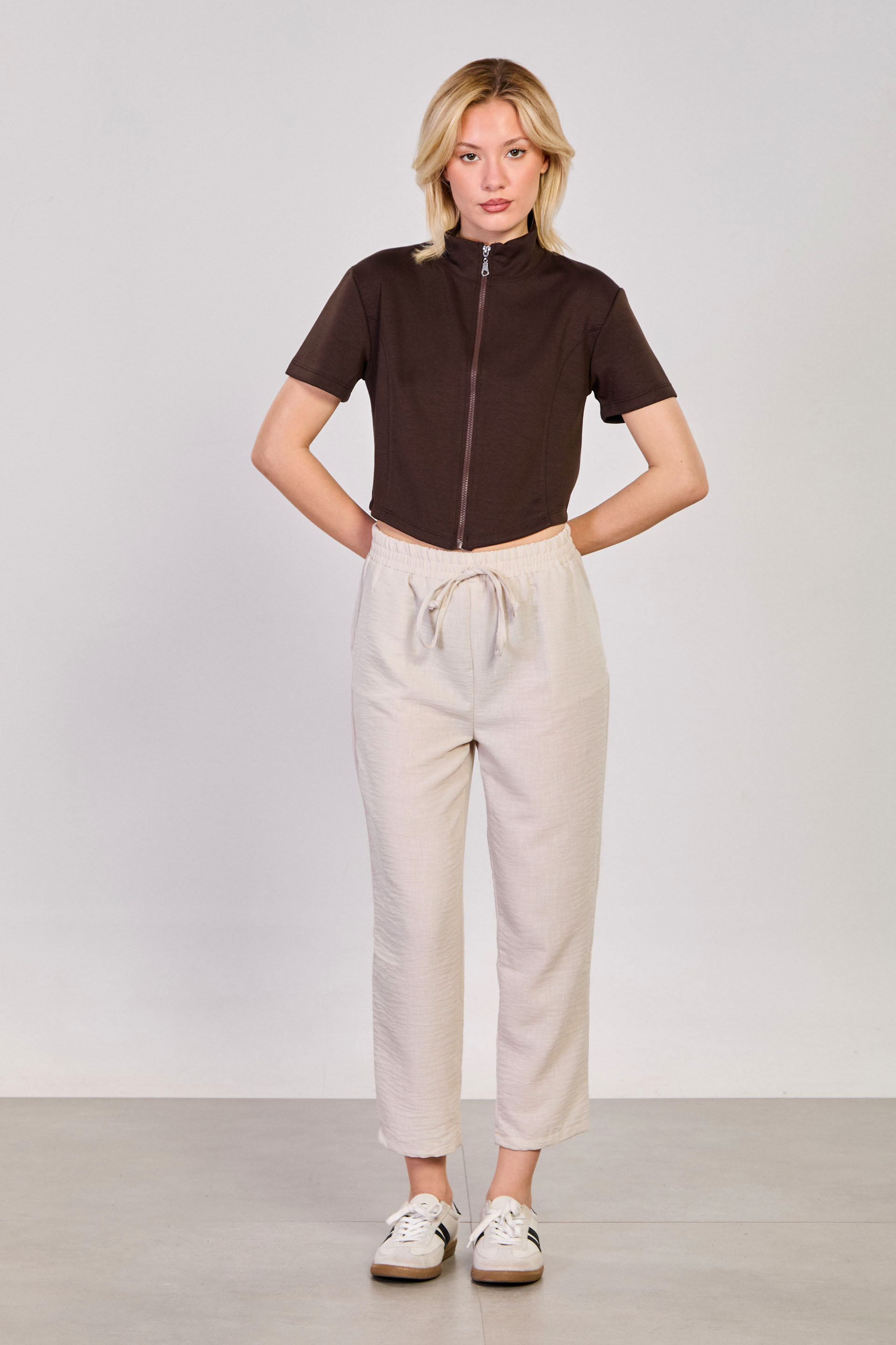 Kadın Beli Bağlamalı Havuç Pantolon - Taş