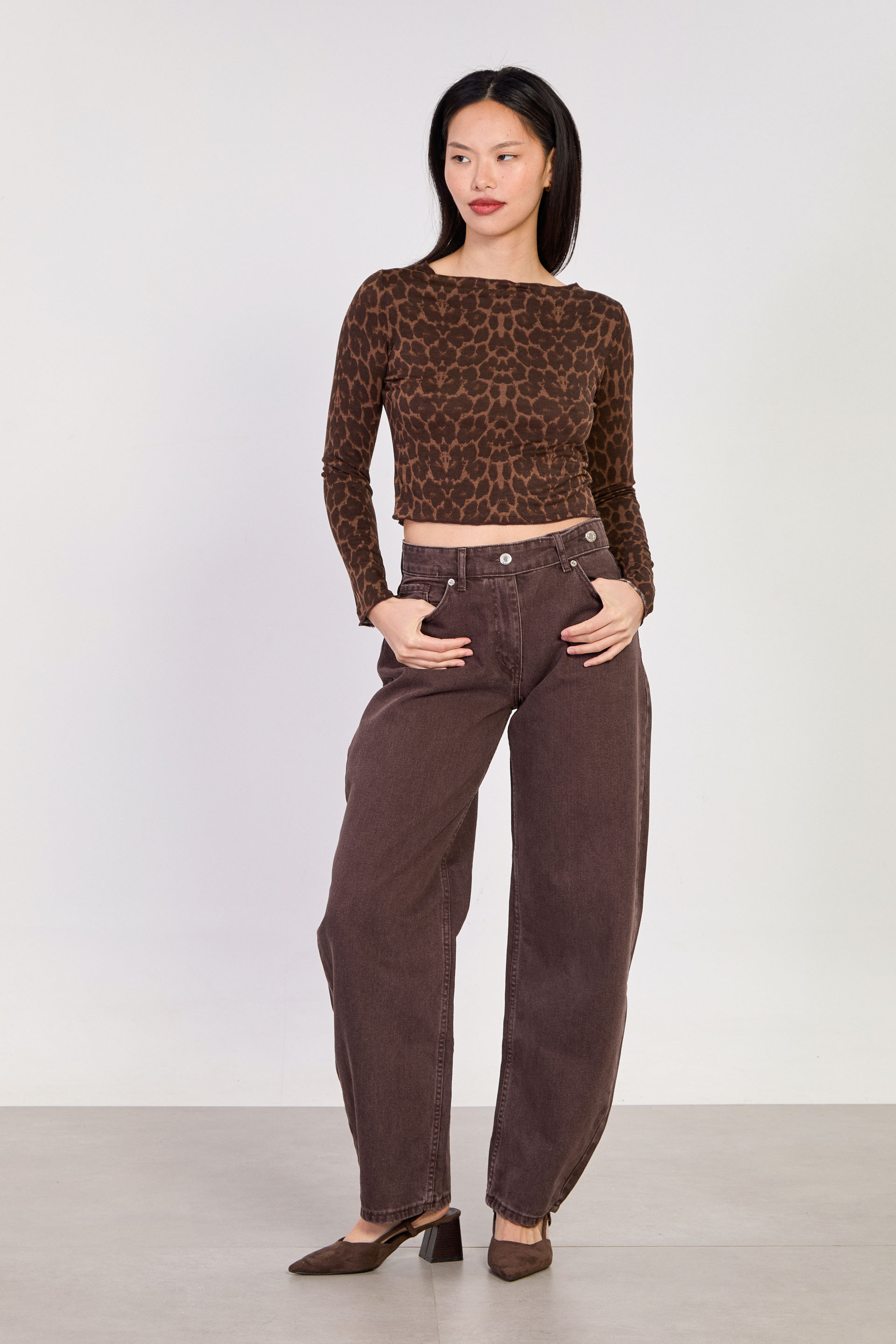 Kadın J91 Kuşaklı Baggy Jean Pantolon - Acı Kahve