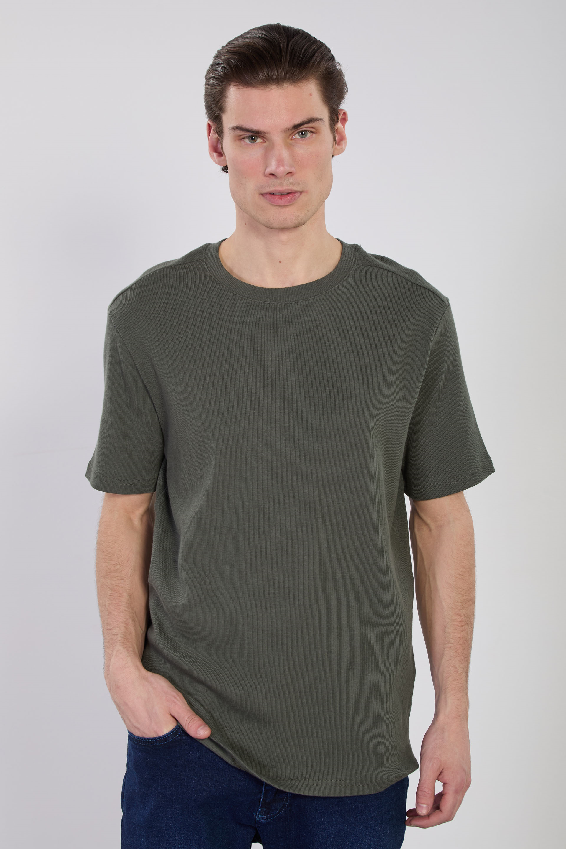 Erkek İnce Fitilli Basic T-Shirt - Haki