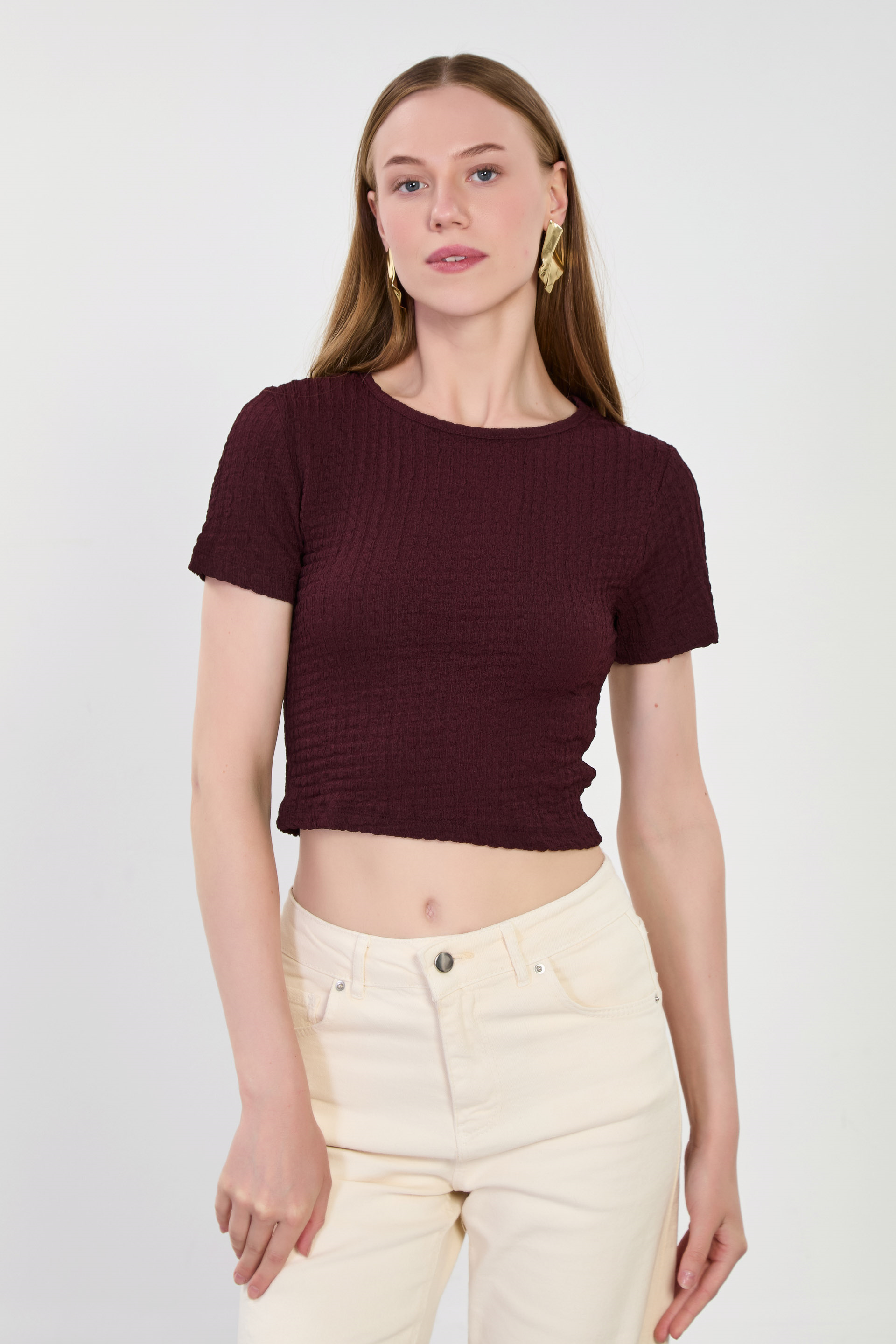 Kadın Kısa Kollu Bubble T-Shirt - Mürdüm