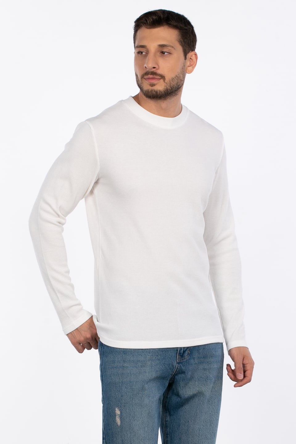Erkek Bisiklet Yaka Waffle Sweatshirt - Ekru