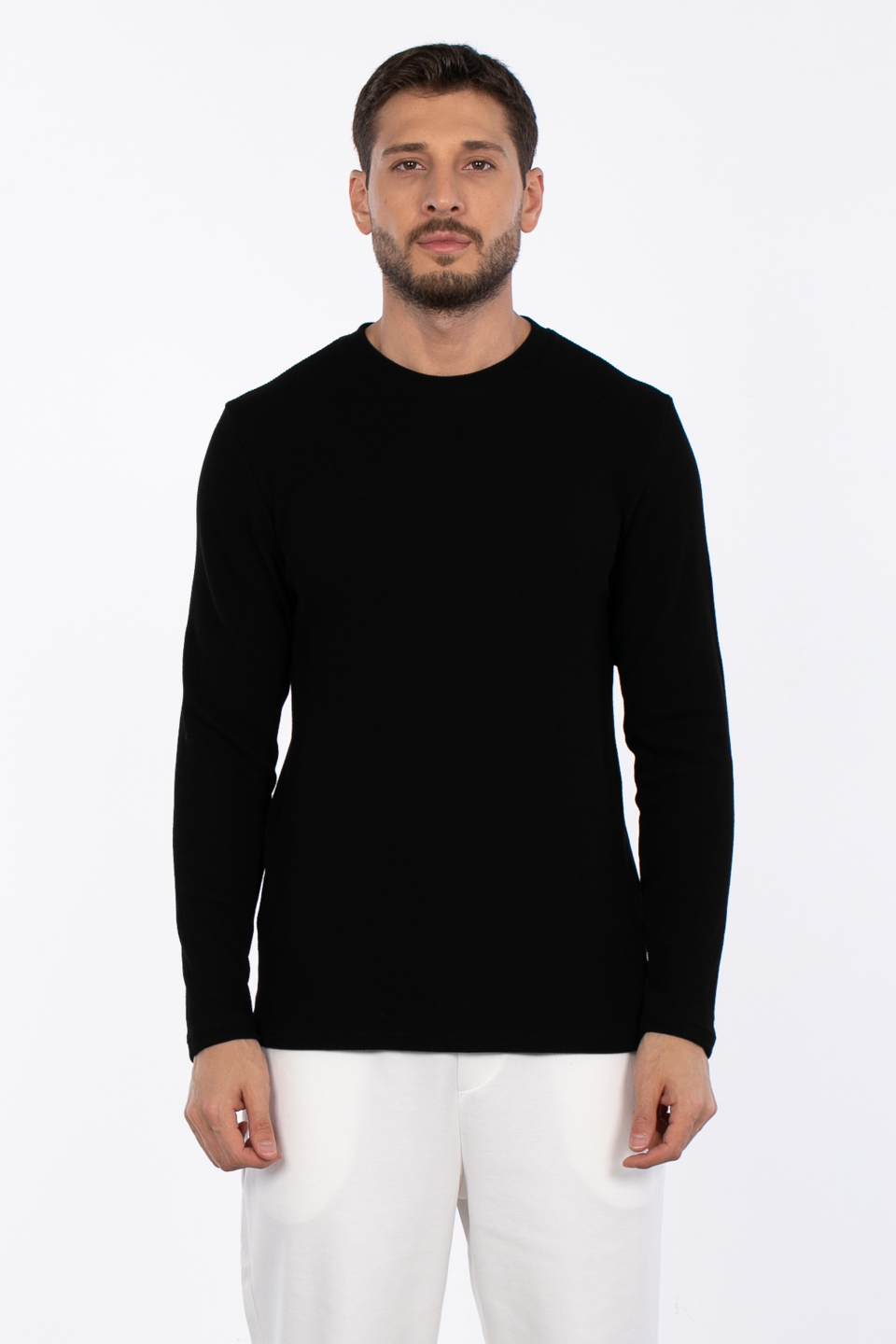 Erkek Bisiklet Yaka Waffle Sweatshirt - Siyah