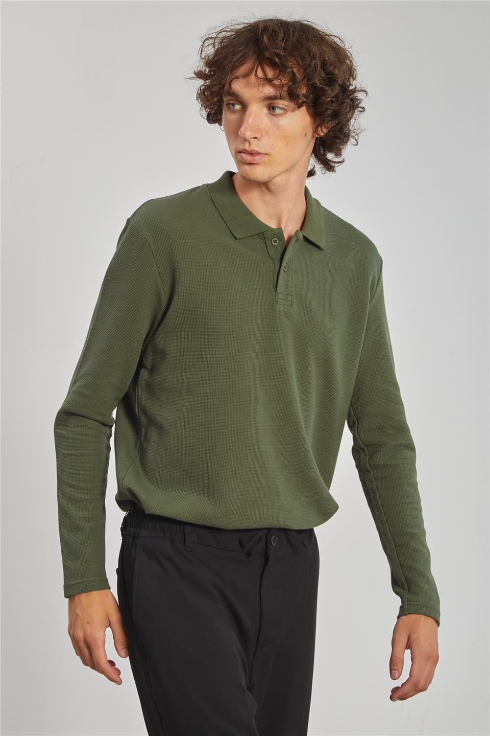 Erkek Polo Yaka Waffle Sweatshirt - Haki