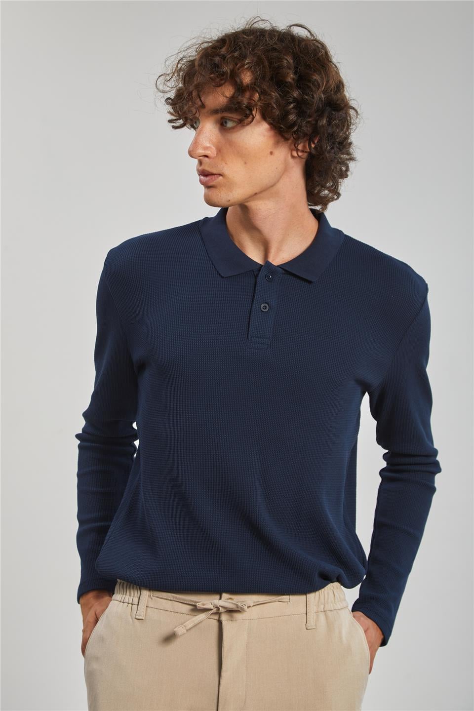 Erkek Polo Yaka Waffle Sweatshirt - İndigo