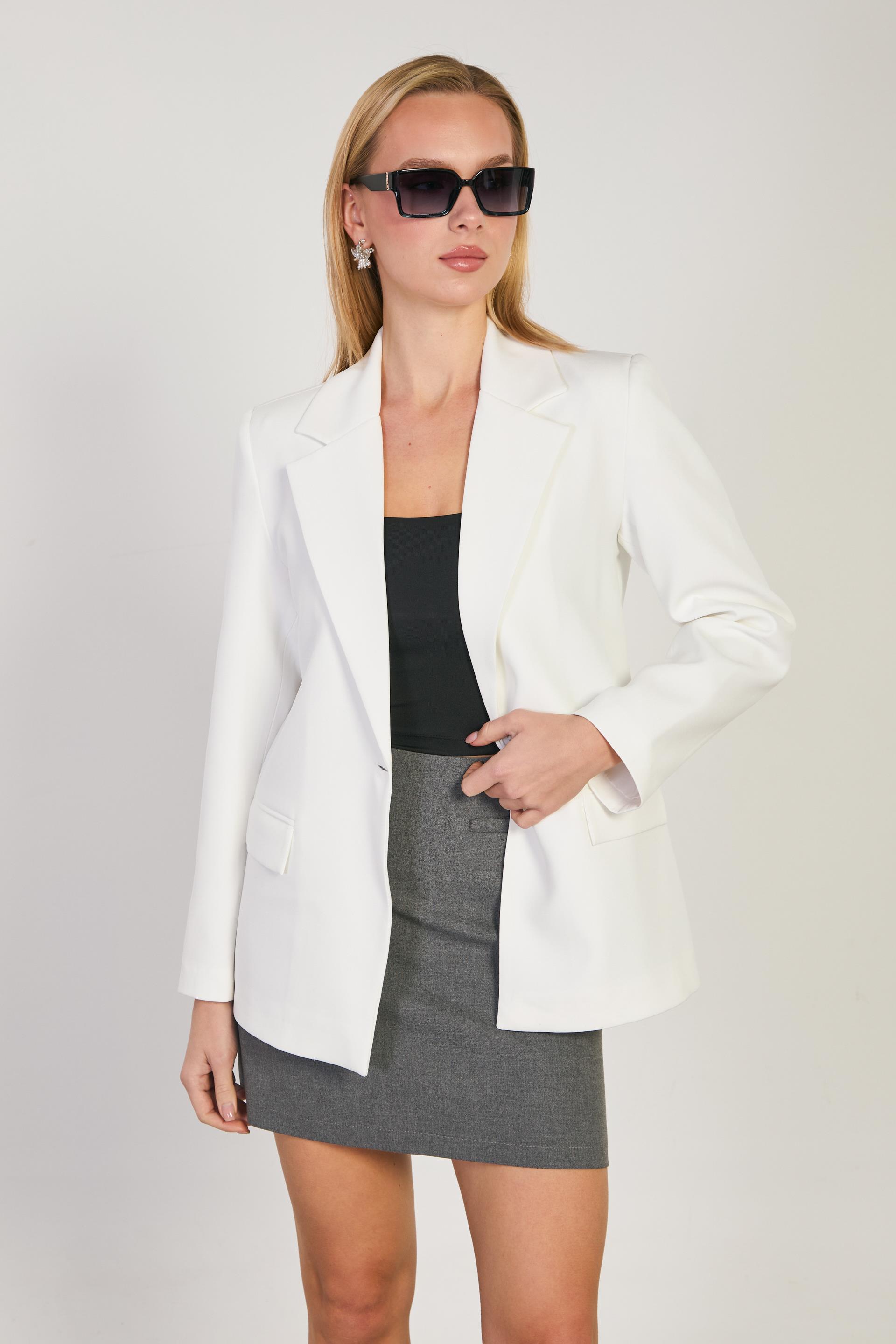 Kadın Tek Düğmeli Blazer Ceket - Beyaz