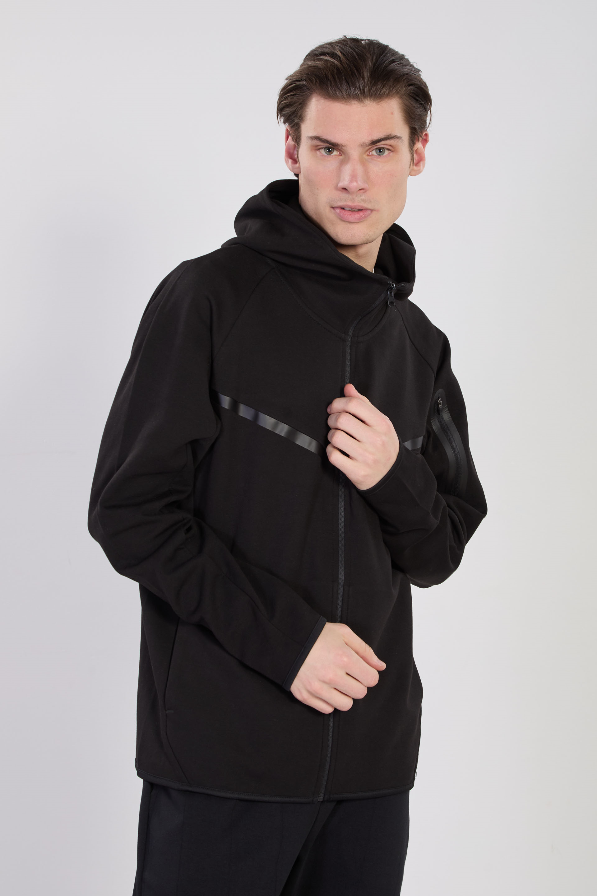 Erkek Dik Yaka Kapüşonlu Fermuarlı Sweatshirt-  Siyah