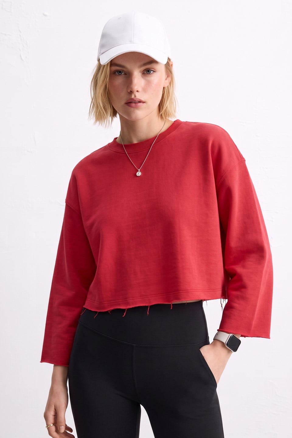 Kadın Bisiklet Yaka Oversize Kısa Swaetshirt - Kırmızı