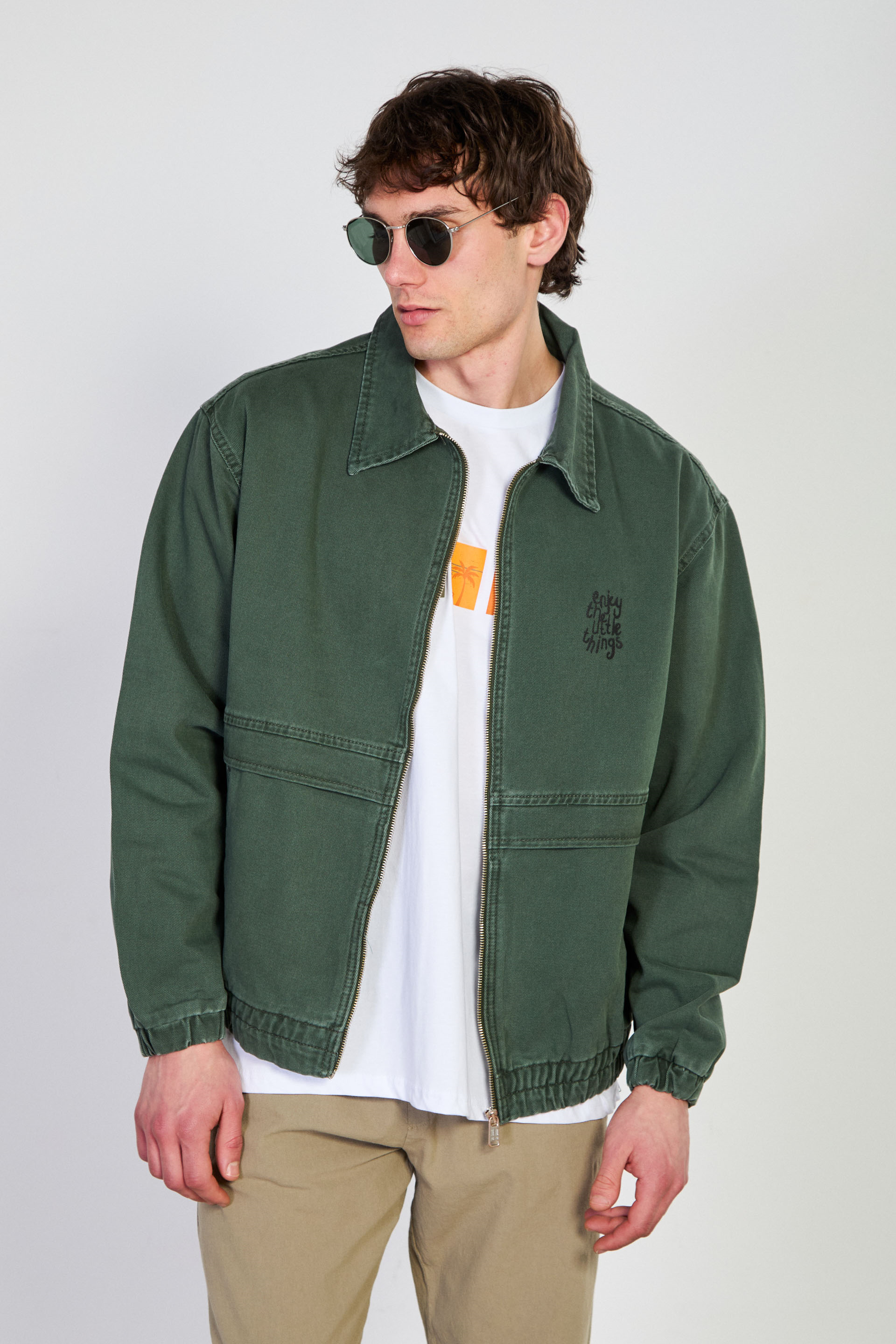 Erkek Beli Lastikli Fermuar Polo Yaka Ceket - Haki