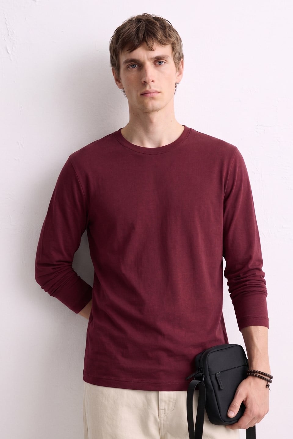 Erkek Bisiklet Yaka İnce Sweatshirt 5074 - Vişne