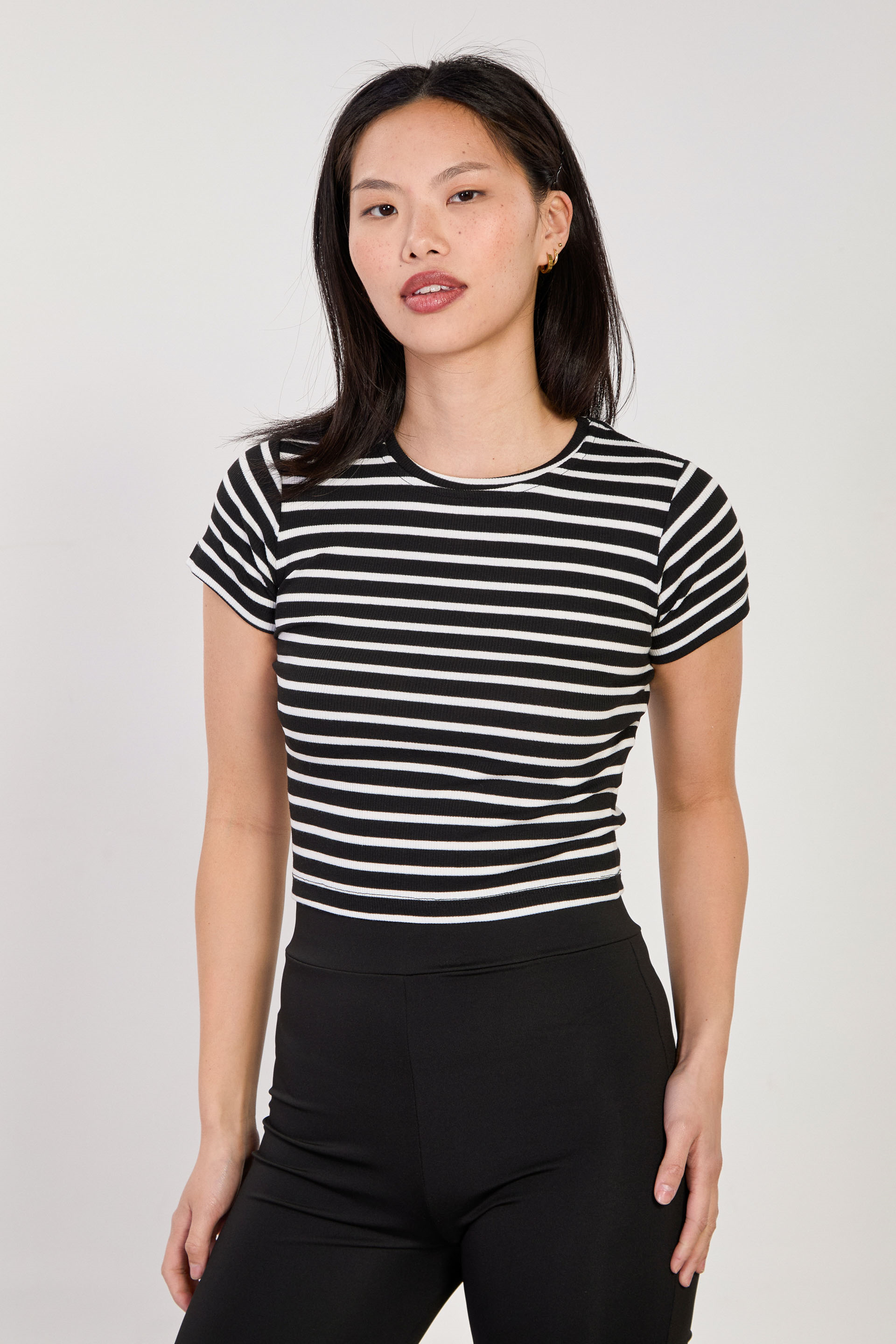 Kadın Kısa Kollu Çizgili Fitilli Body - Siyah/Beyaz