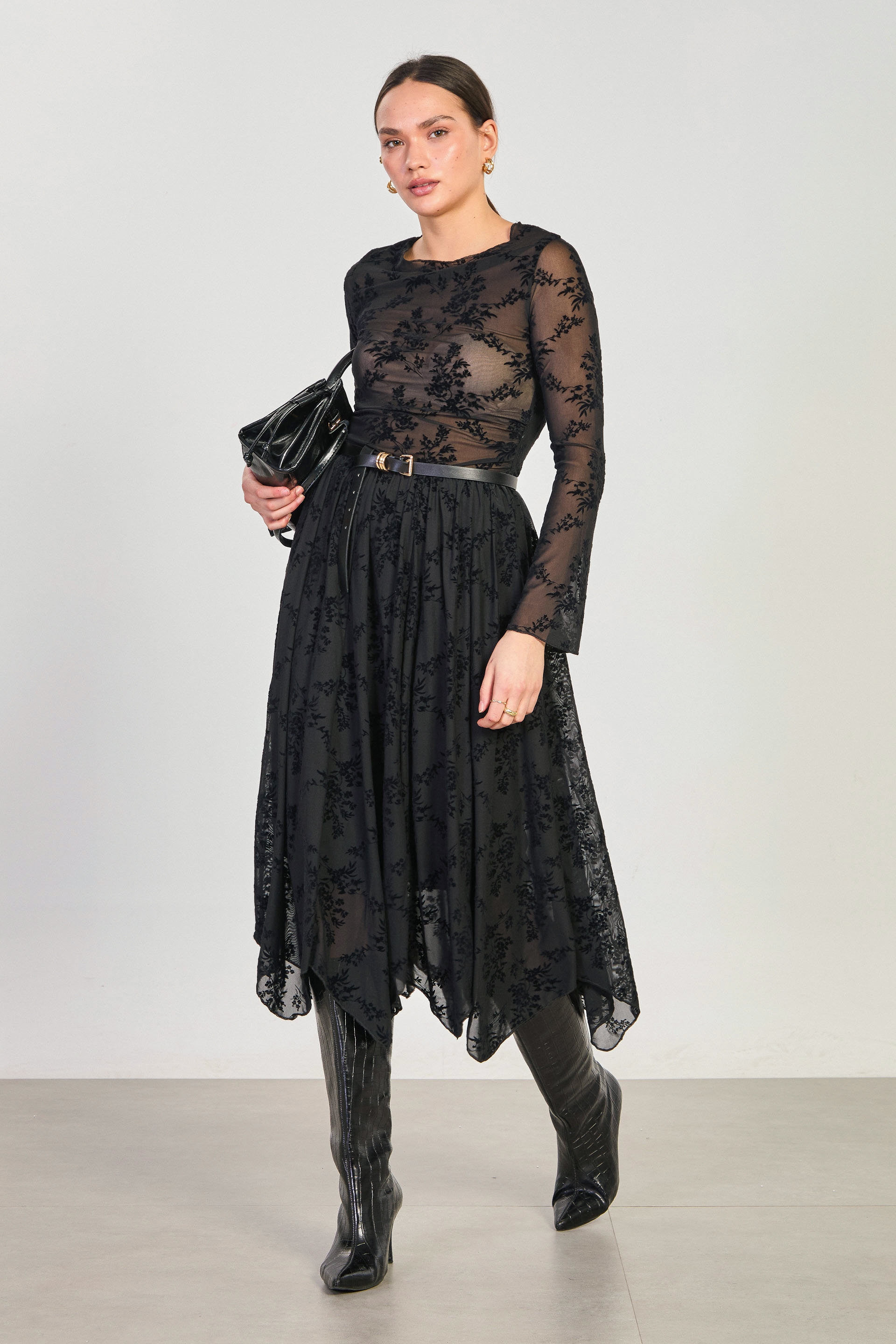 Kadın Çiçek Desenli Asimetrik Tül Etek - Siyah