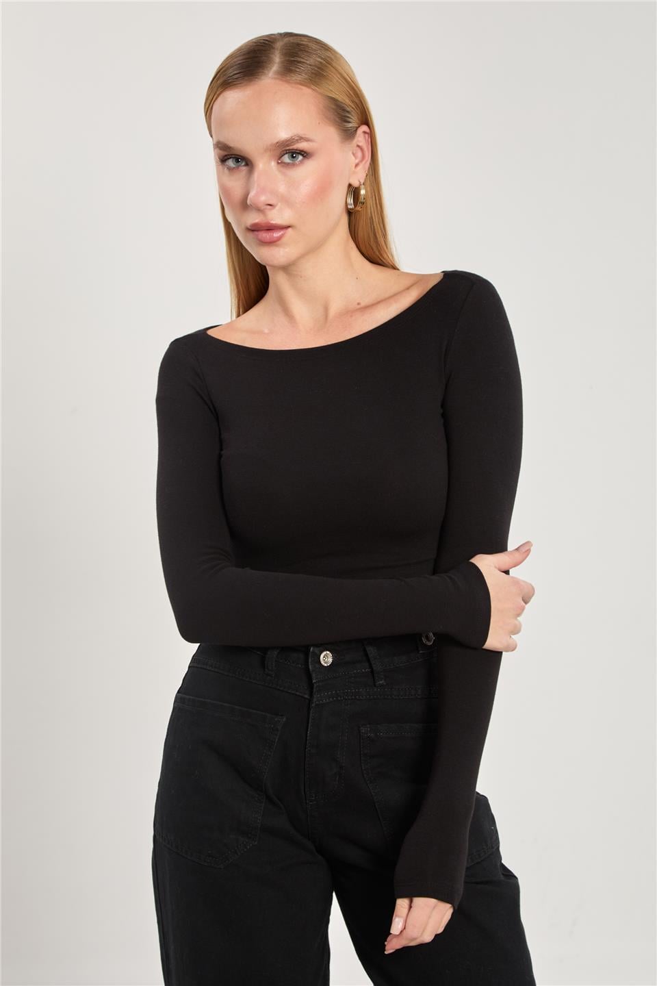Kadın Kayık Yaka Uzun Kol Body - Siyah