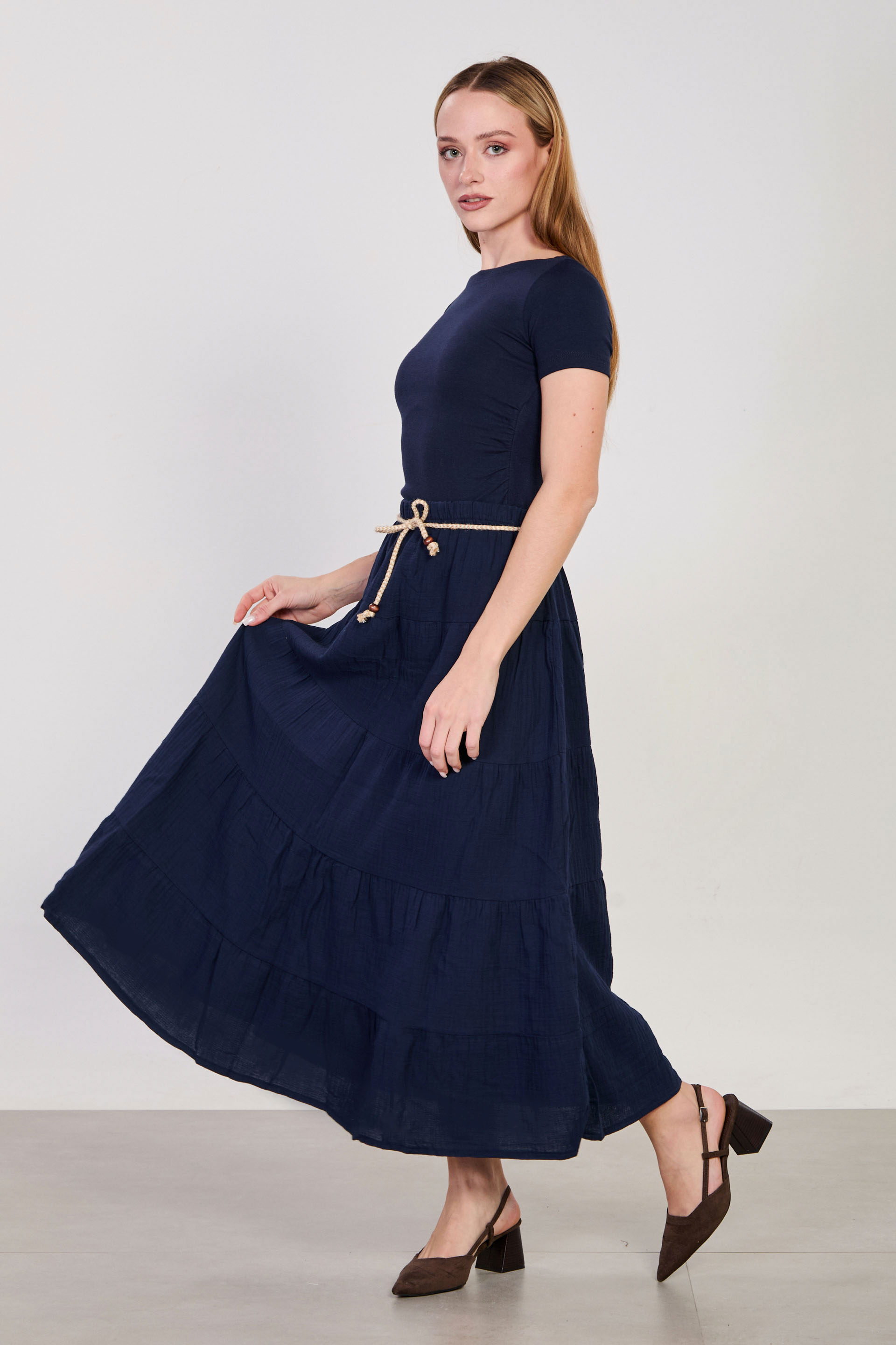 Kadın Kemerli Pileli Uzun Pamuk Etek - Lacivert