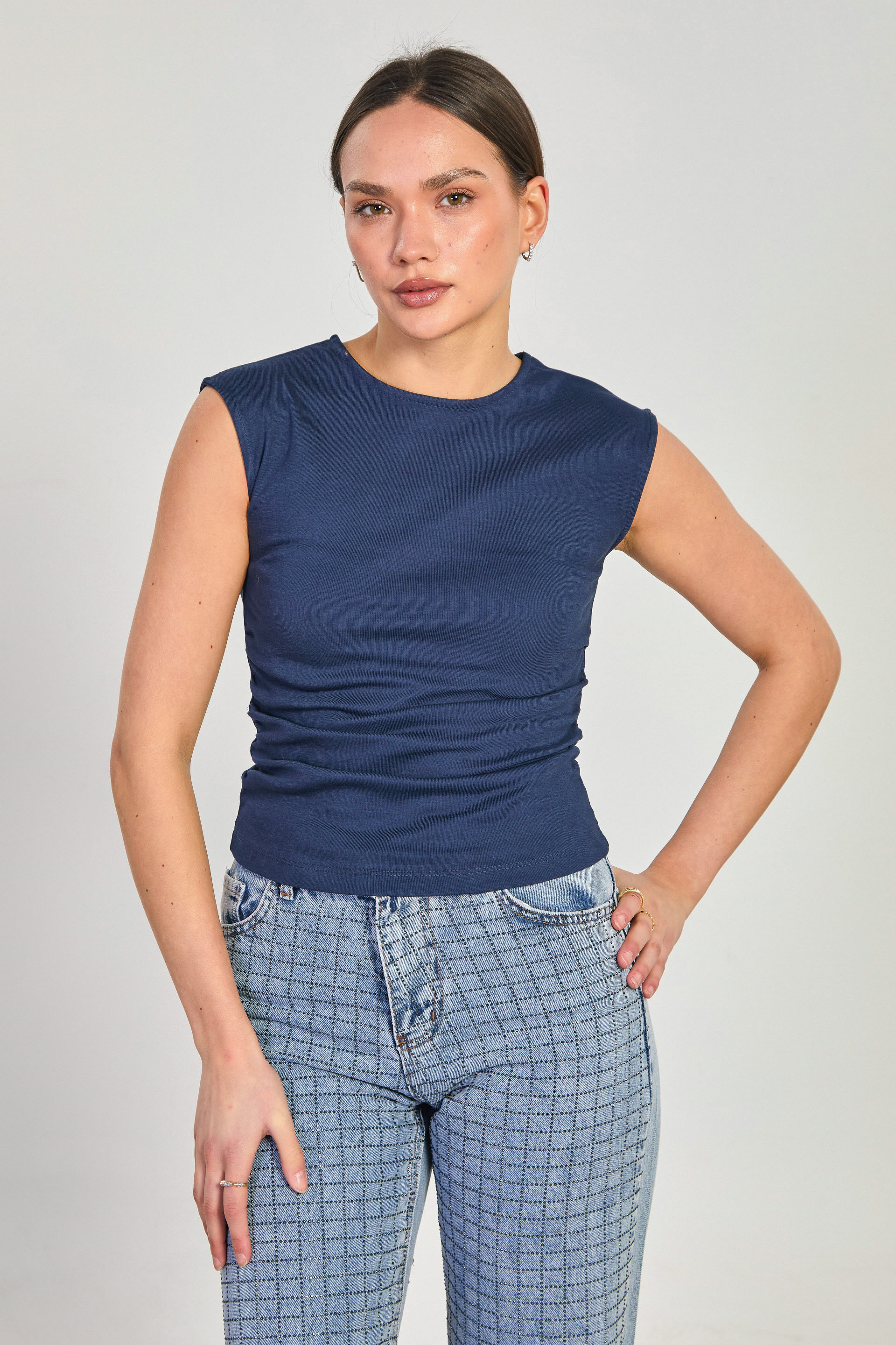 Kadın Yanları Büzgülü Body - Lacivert