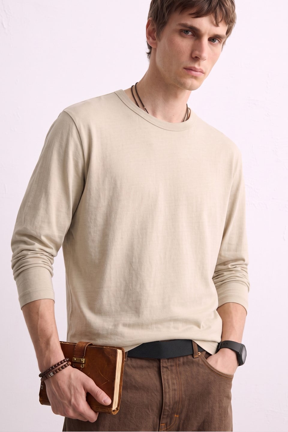 Erkek Bisiklet Yaka İnce Sweatshirt 5074 - Bej