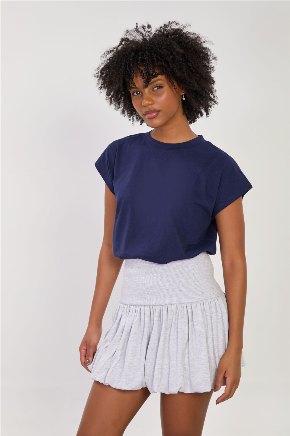 Kadın Düşük Kol Basic T-Shirt - Koyu Lacivert