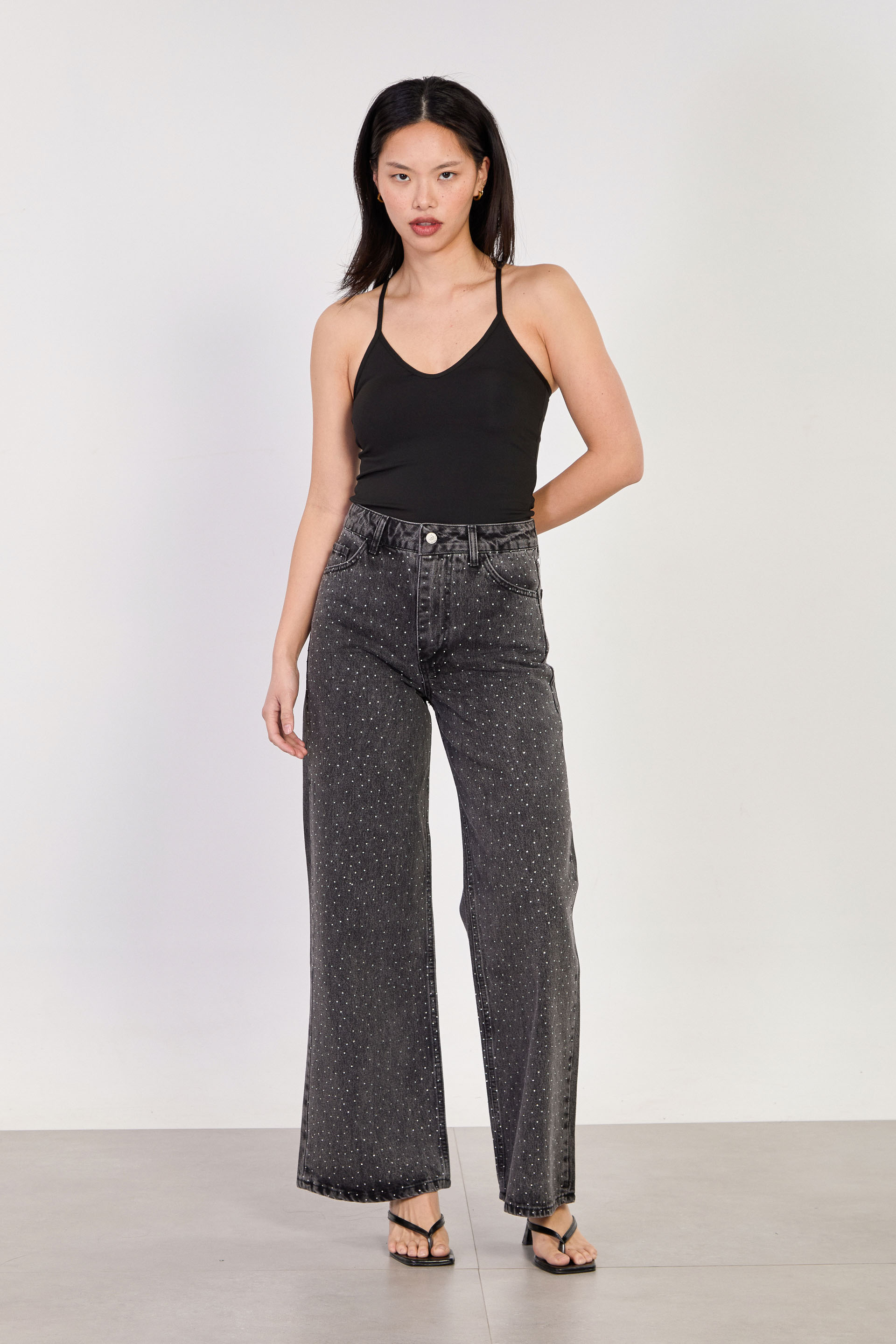 Kadın Önü Taşlı Palazzo Jean Pantolon - Siyah