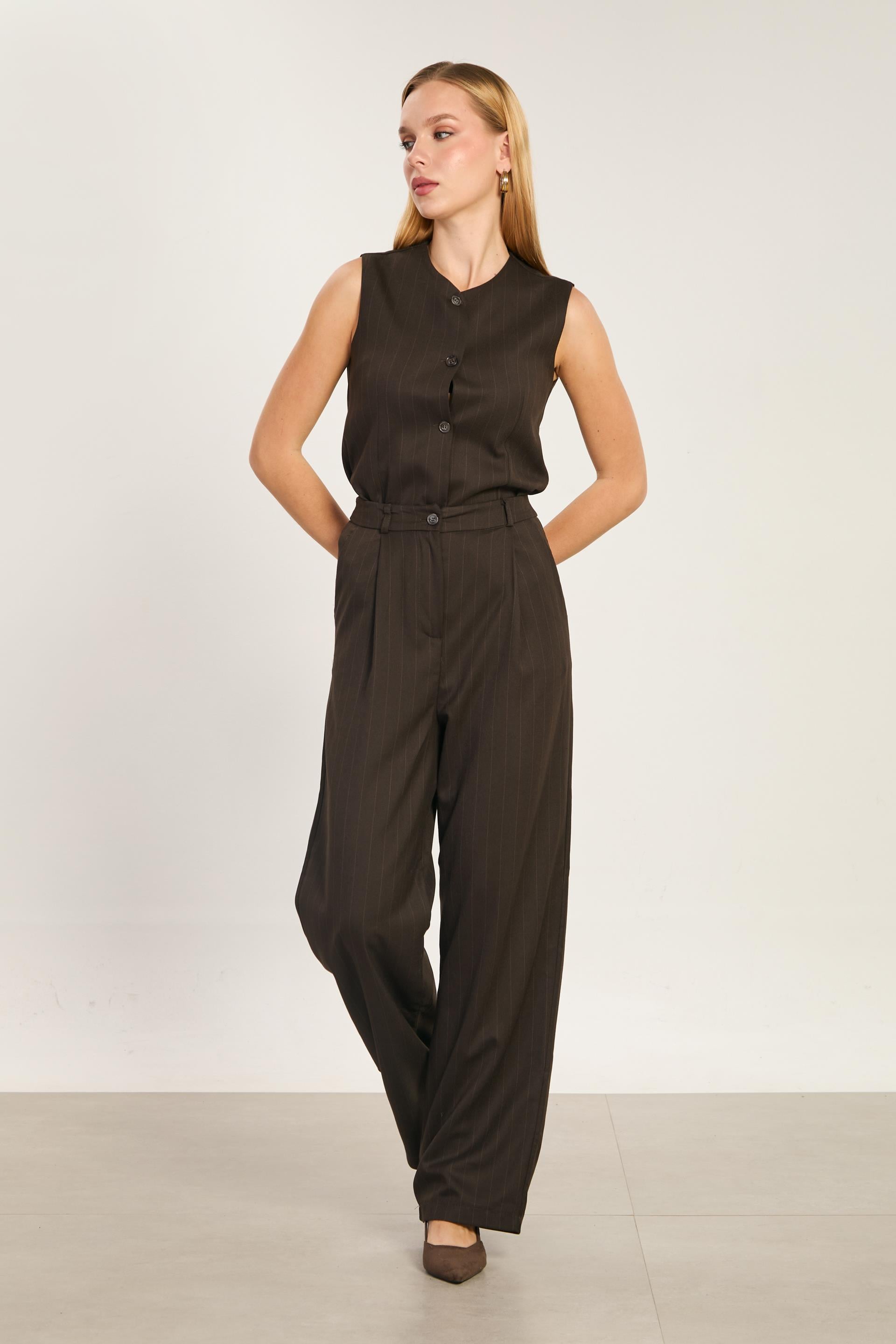 Kadın Çizgili Palazzo Pantolon - Kahve