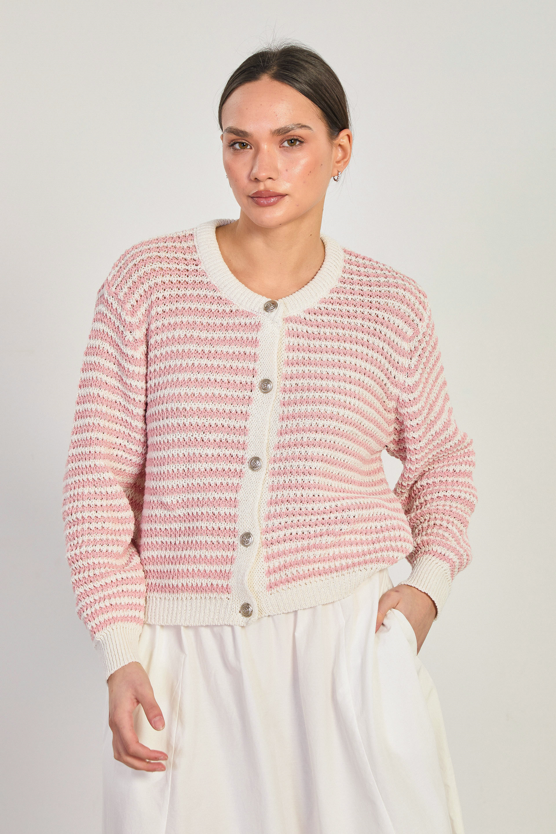 Kadın İnce Çizgili Gold Düğmeli Ajurlu Hırka - Ekru/Pembe