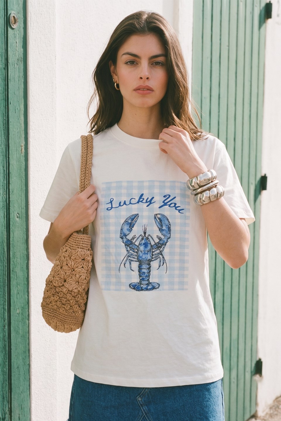 Kadın Istakoz Baskılı T-Shirt - Ekru