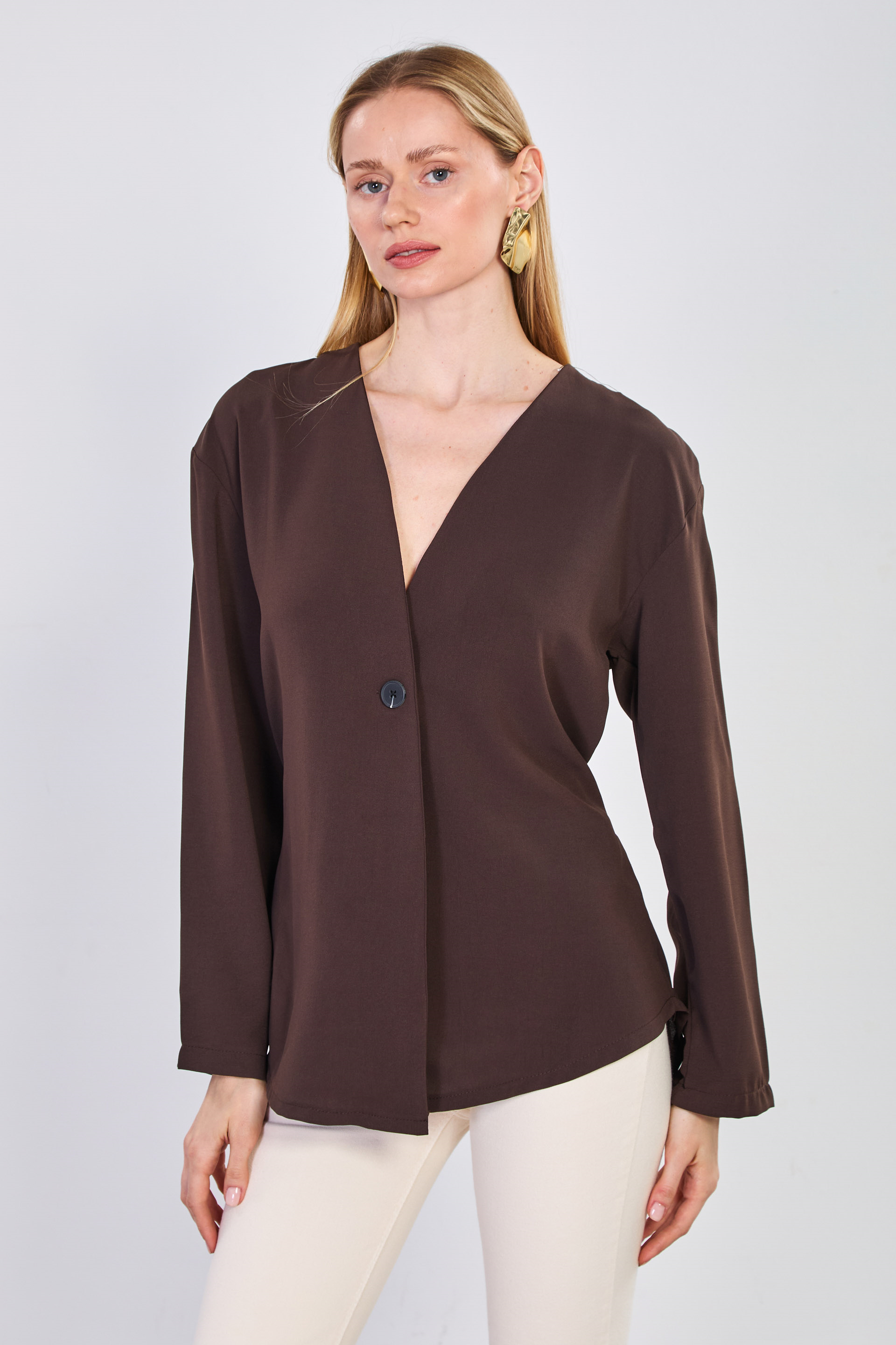 Kadın Beli Bağlamalı Tek Düğmeli Kimono - Acı Kahve