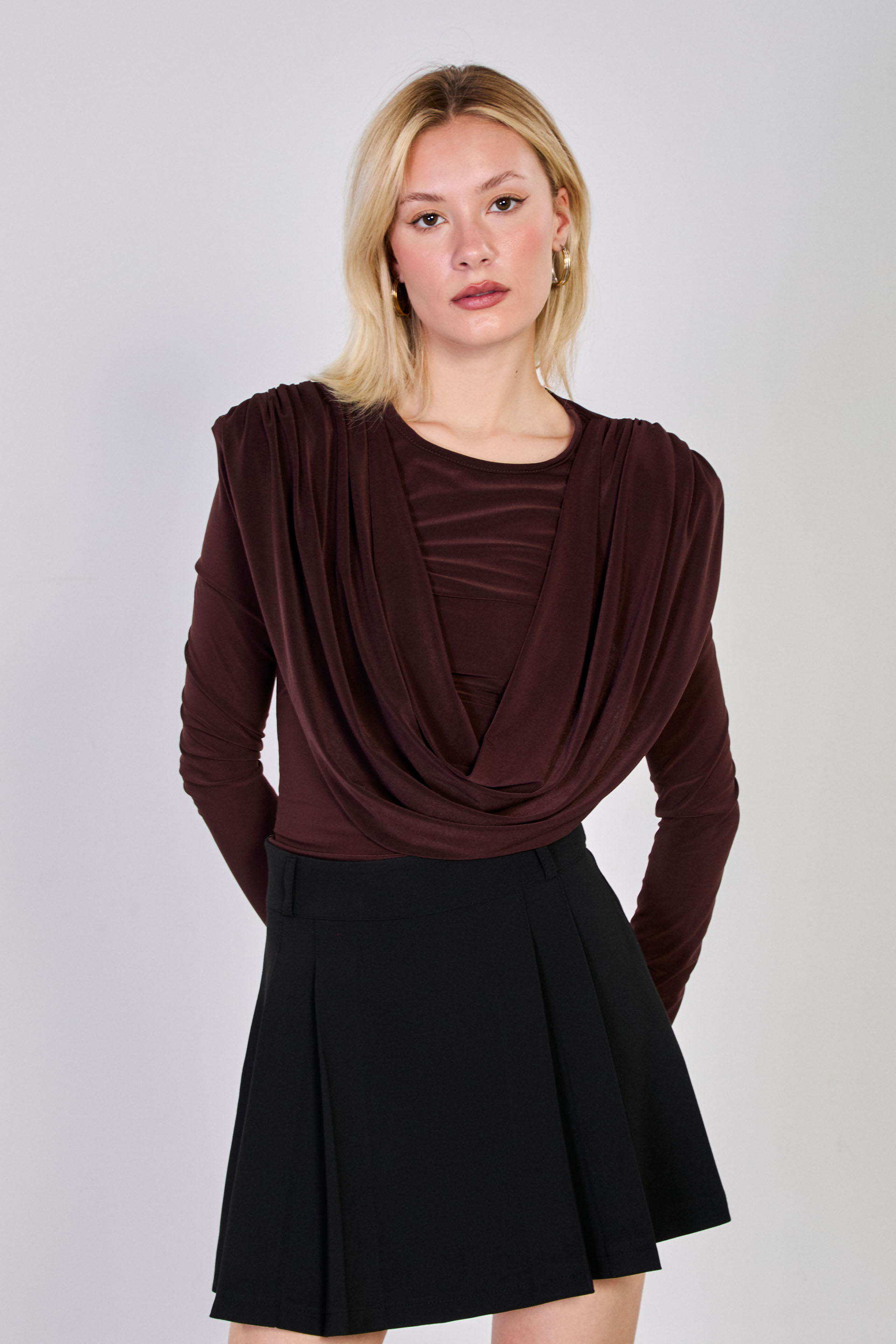 Kadın Şal Yaka Omuz Vatkalı Bluz - Acı Kahve