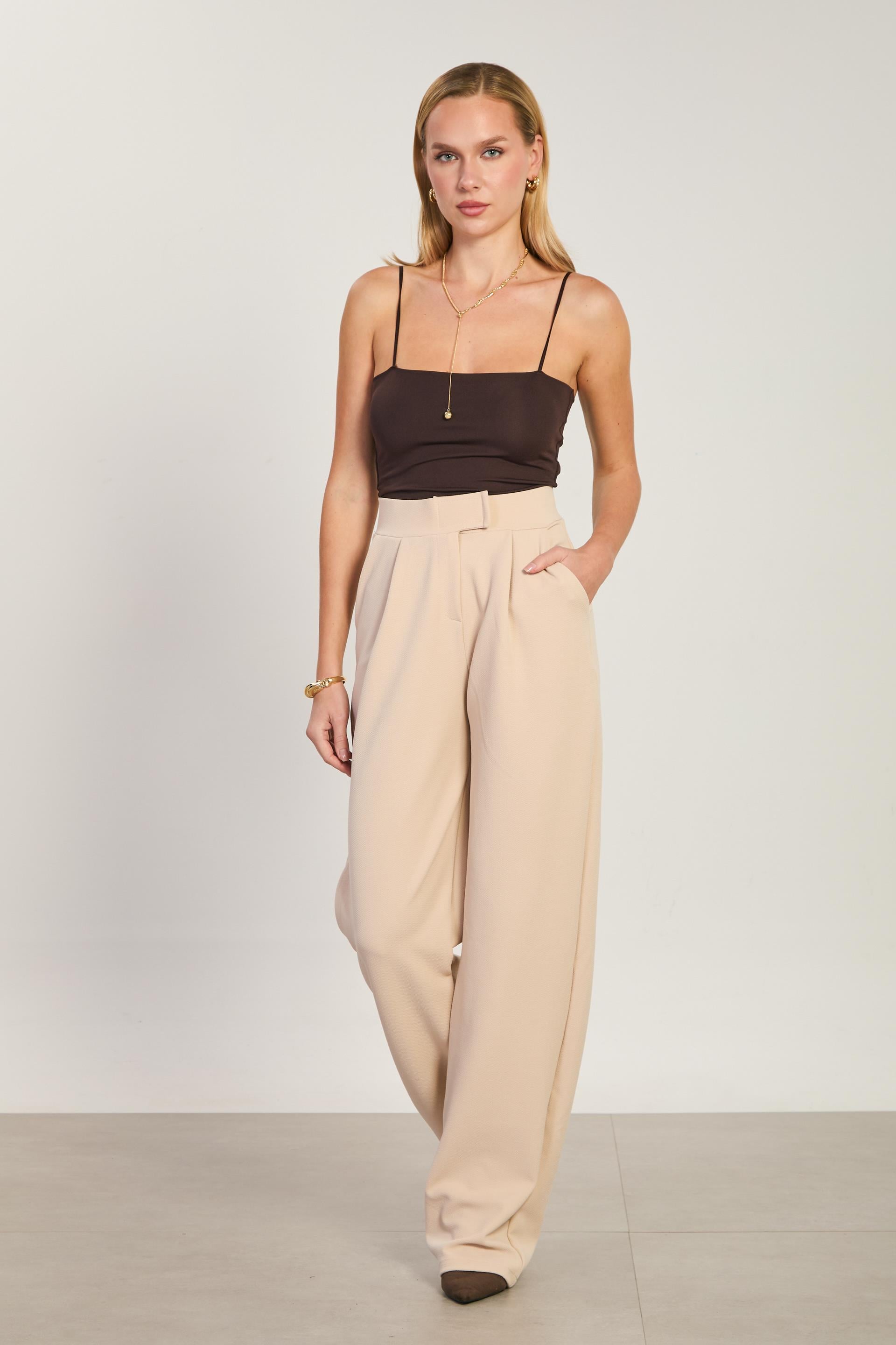 Kadın Beli Cırtlı Bol Pantolon - Taş