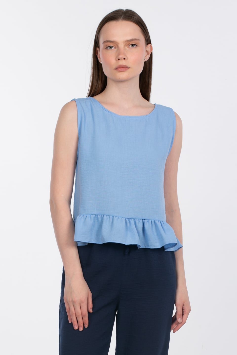 Fırfırlı bluz-6995 Cam Mavi